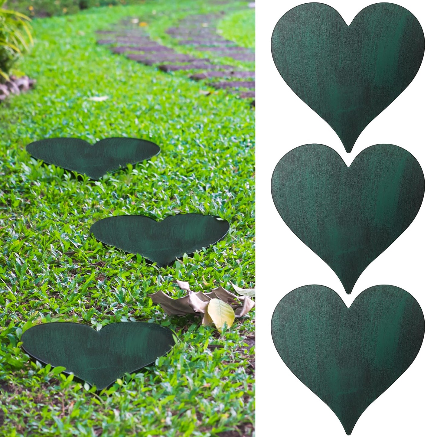 Tandefio 3 Pcs Heart Garden Stepping Stones Brown Cast Iron Stepping Stones Rustic Style Outdoor Stones for Garden Walkway Outside Decorative Decor, 12 Inches (Green)
