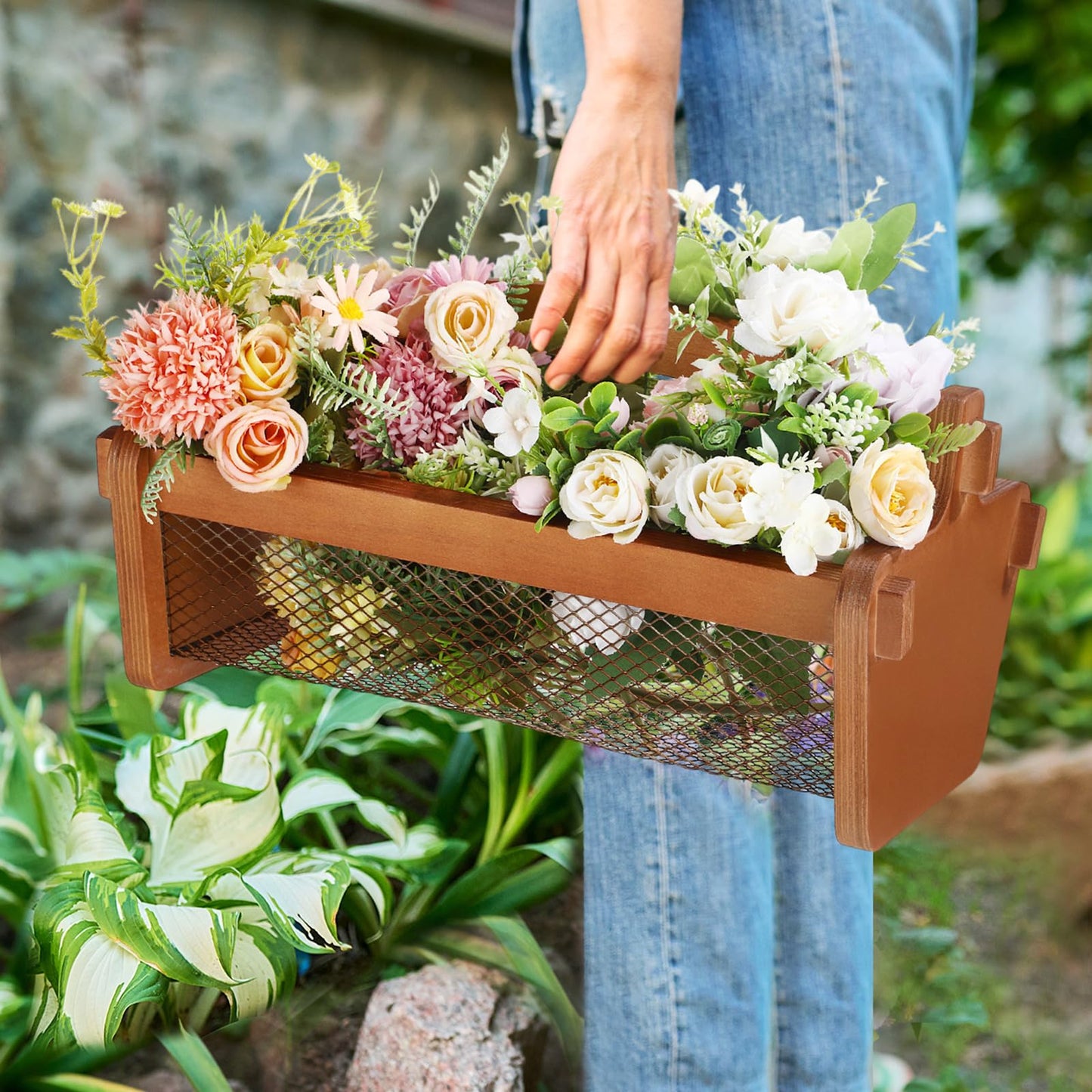Teenyyou Garden Harvest Basket Mesh Storage with Handle Versatile Gardening Fruits Vegetables Gathering Basket Garden Supply Gardener Gift Spring for Washing Holding(Brown,13.4in)
