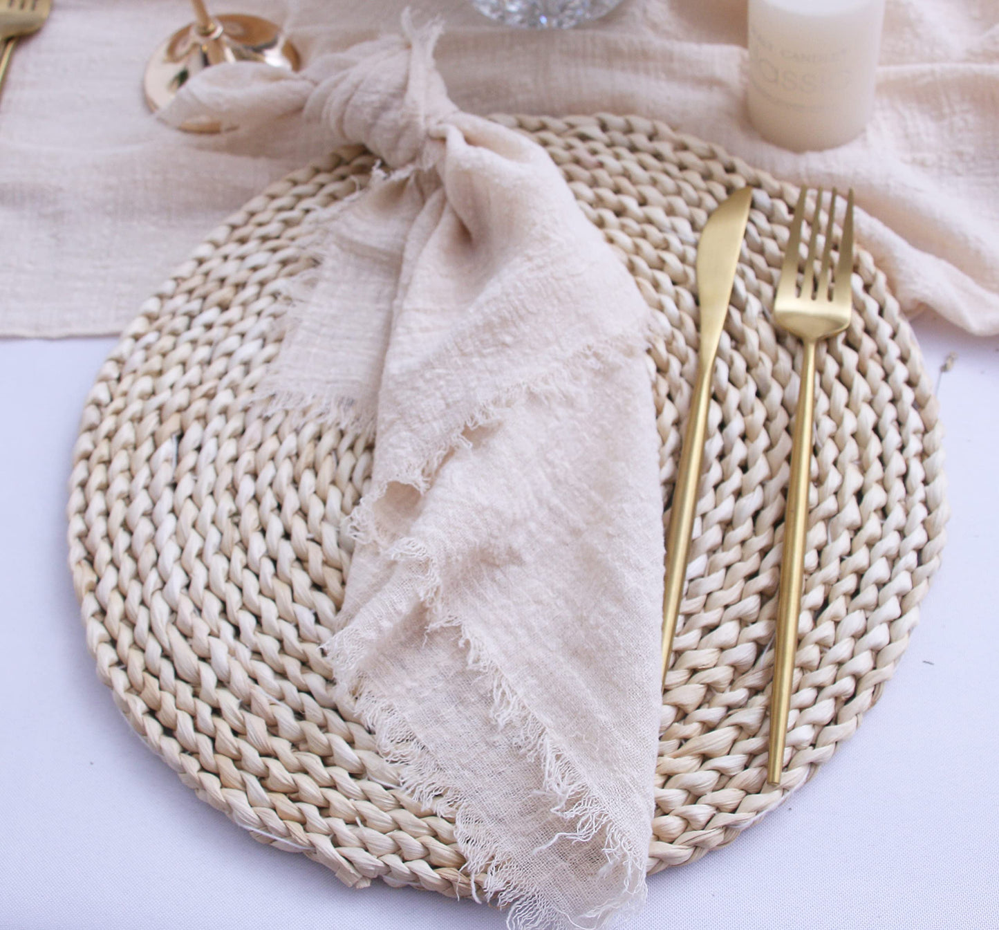 Fall Cloth Napkins with Fringe Set of 12,100% Soft Cotton,Washable Gauze Napkins Great for Weddings Decorative,Dinner Parties,Family Everyday Use (12 Pack, Beige)