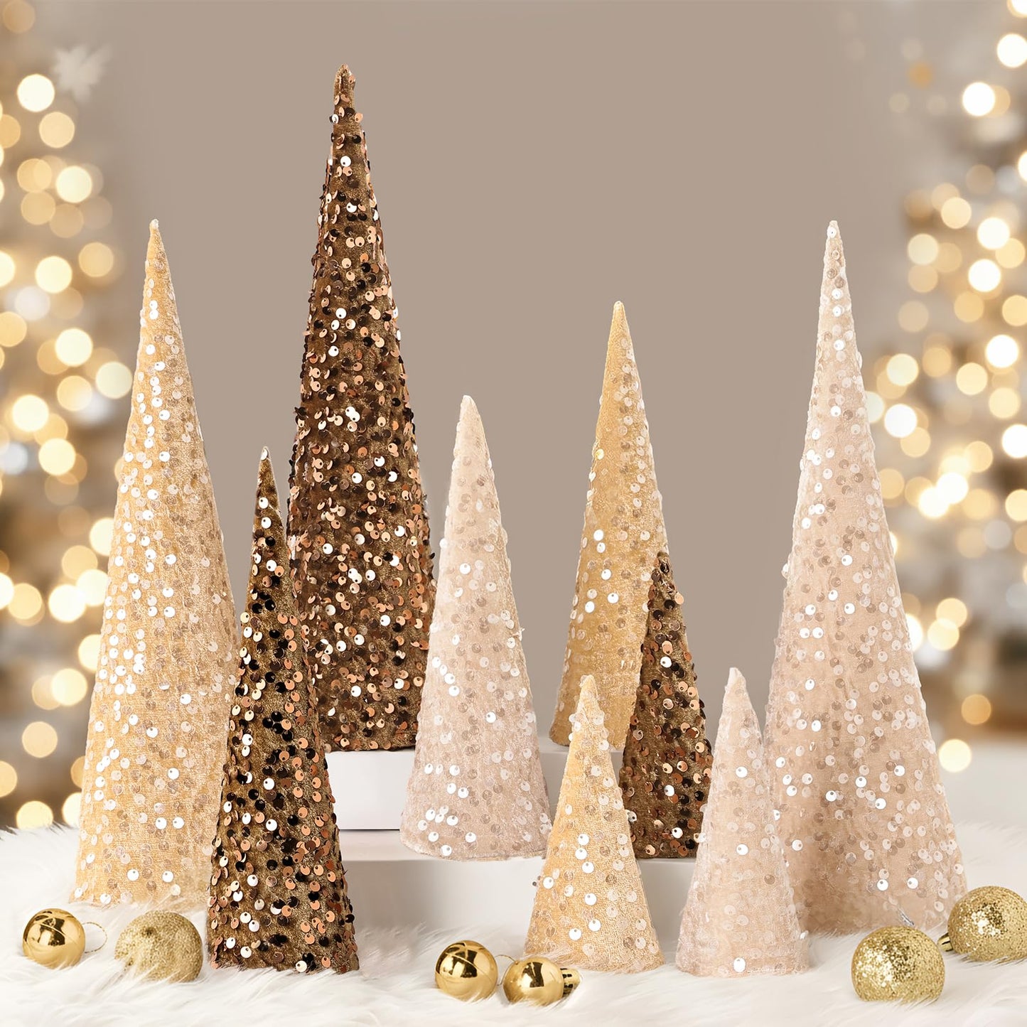 Bunny Chorus Christmas Table Décor: 9pcs Neutral Cone Christmas Trees with Earth Tones Glitter Sequins Surface, Modern Christmas Decorations for Xmas New Year Soft Cozy Winter Holiday Home Décor