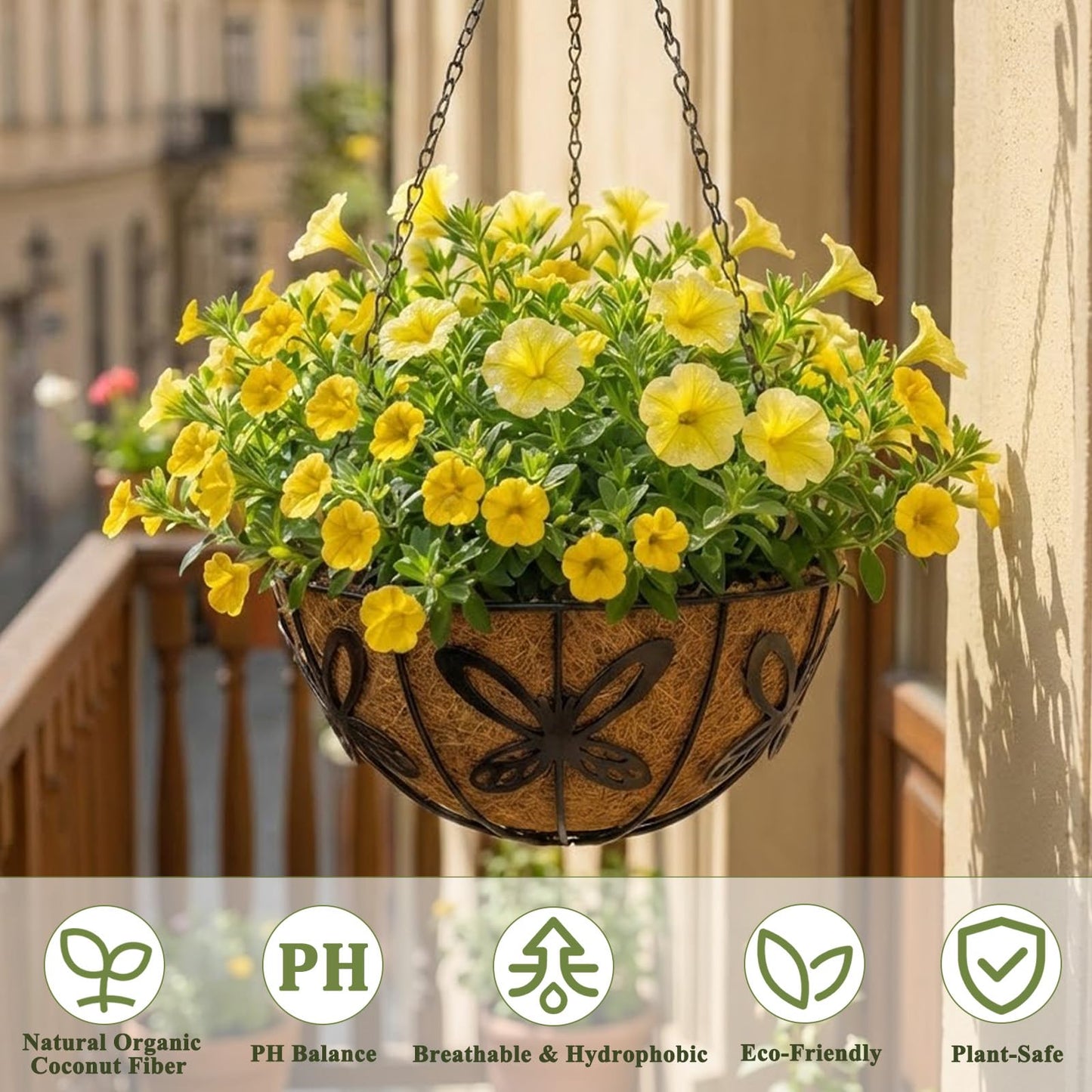 HZXXJCO 3 Pack Hanging Baskets for Plants Outdoor 14 Inch Butterfly Metal Hanging Planters with Coco Coir Liner, Round Hanging Flower Basket for Home Garden Patio Balcony Porch
