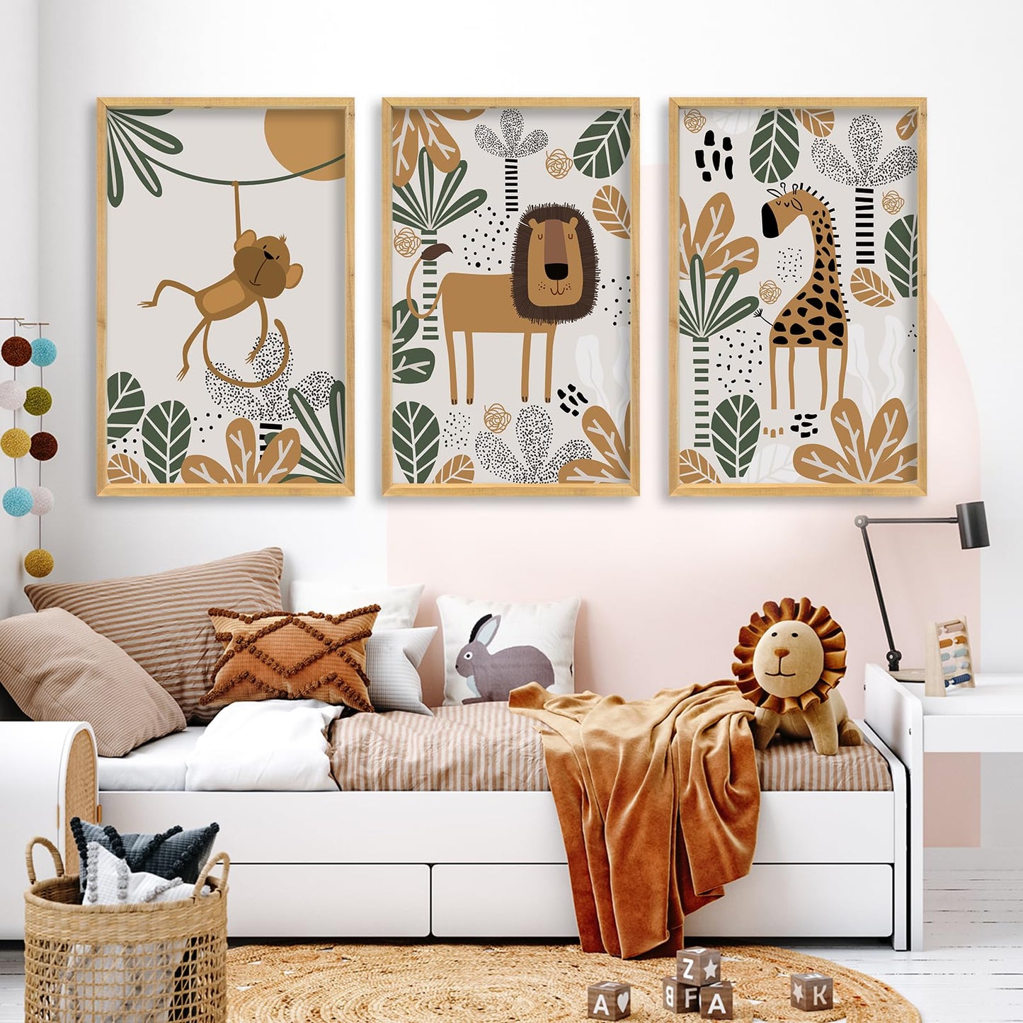 comurdyo Kids Cute Animal Wall Art Set of 3 Framed Safari Prints Cartoon Lion Monkey Giraffe Sign 16×11 Inch for Baby Room Toddler Nursery Children's Room Boho Rustic Wood Framed Hanging Decor (Wood)