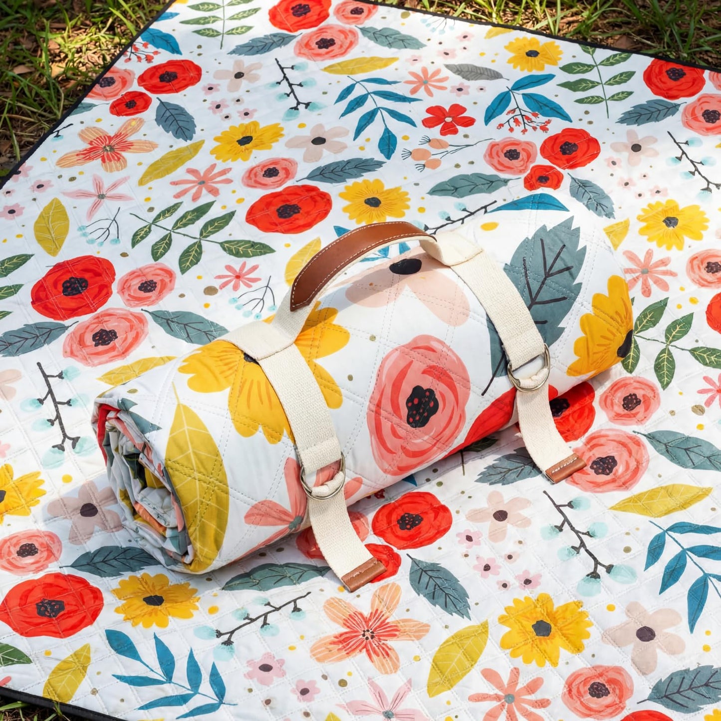 Tegeme Beach Picnic Blanket Floral Waterproof Outdoor Blanket 80''x80'' Extra Large Portable Sandproof Machine Washable 3 Layer Thick Gingham Picnic Mat for Beach Camping Park Grass(Beige)