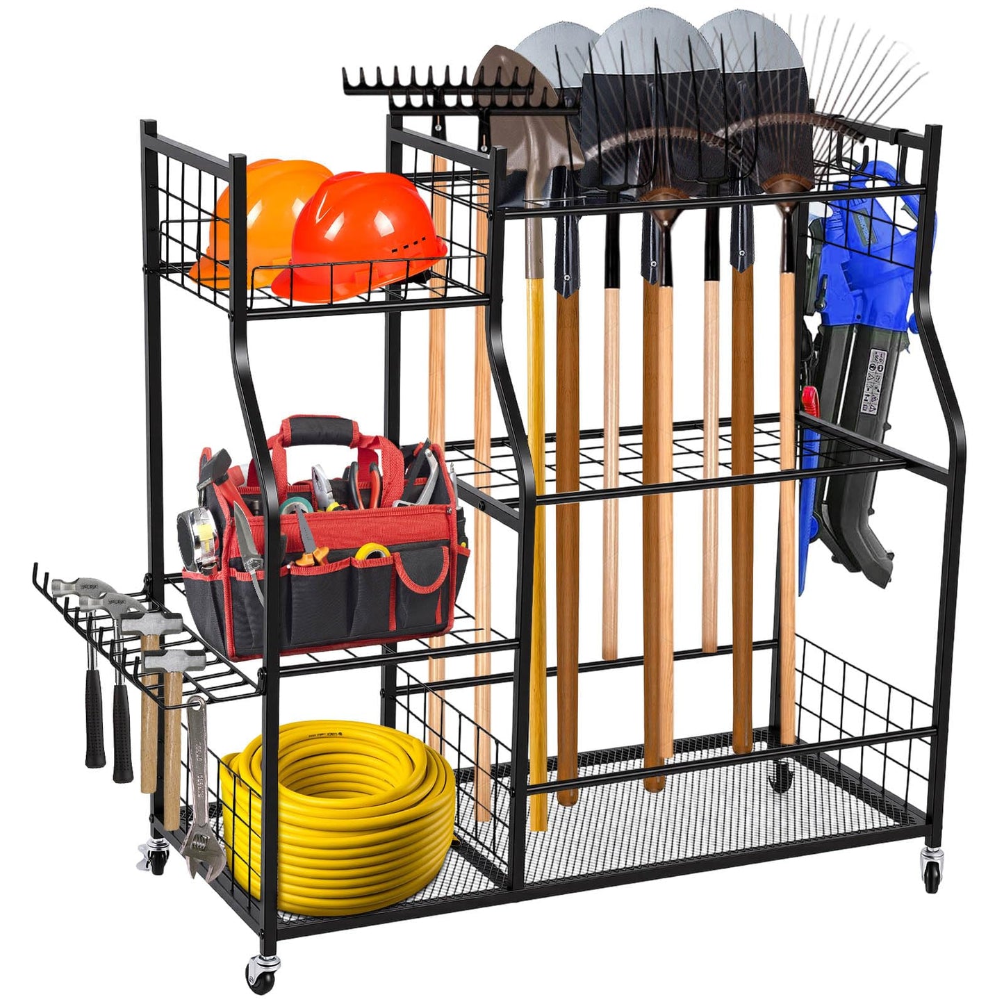 Garden Tool Organizer Rolling Cart Large Capacity Rust-Resistant Metal Tool Cart with Wheels Hooks Garage Shed Yard Outdoor Storage Rack Suitable for Long-Handled Tools/Rakes/Shovels