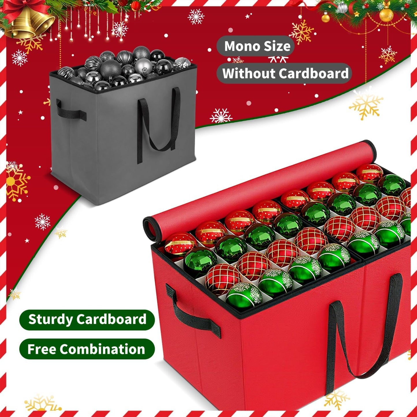 EverMerry Christmas Ornament Storage Box - Large & Sturdy Christmas Storage Container with Adjustable Dividers, 8 Individual Trays and Handles, Holds up to 128 Holiday Decorations (Red)