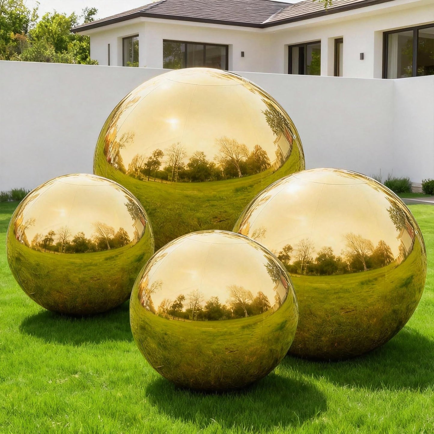 Gold Inflatable Mirror Ball 4pcs - Reusable Holiday Outdoor Balls Include Electric Pump, Reflective Hanging Big Mirror Ball Decor Bubble for Large Event Decoration, Party, Wedding