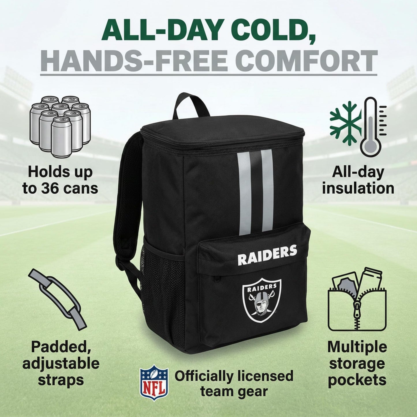 FOCO Las Vegas Raiders NFL Cooler Backpack, 24L — Insulated Soft Sided Ice Chest, Holds 36 Cans, Officially Licensed
