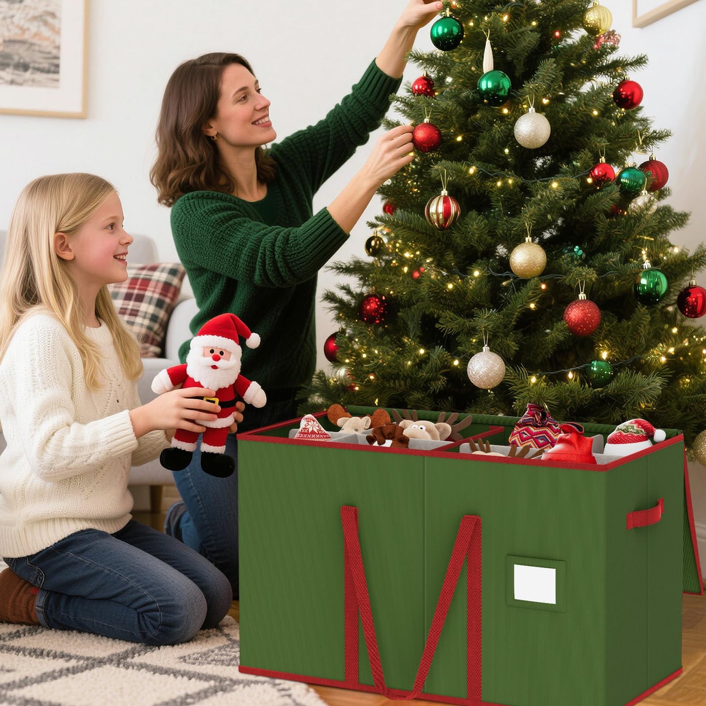 Christmas Figurine Storage Box for 15-Inch Figurines and Nutcrackers, Holiday Decor Organizer with Adjustable Dividers, 8 Slots and 2 Pockets, Dual Zippers, 600D Oxford, 24.8"x12.2"x15.2" ,Green