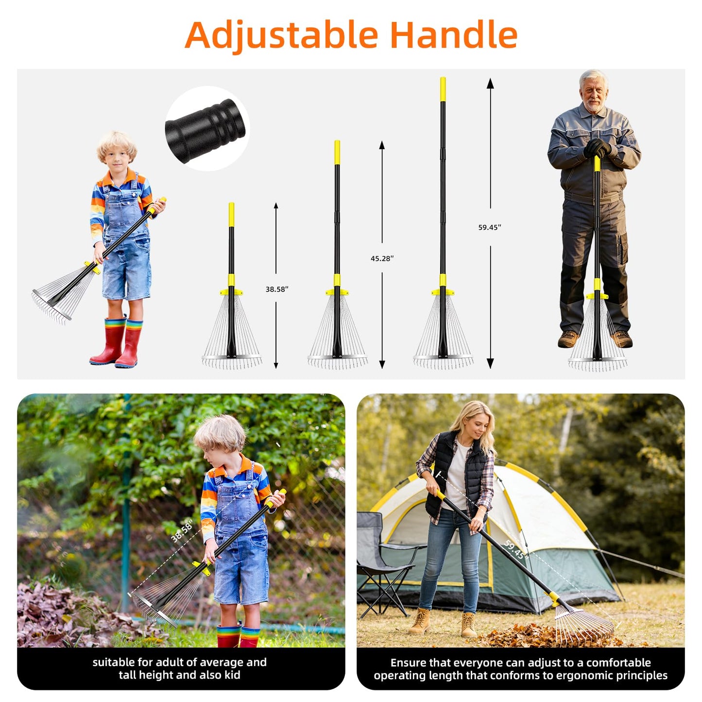 Byhargen Adjustable Metal Leaf Rake, Heavy Duty Garden Rake with Wide & Narrow Modes, Rustproof Steel Head, Adjustable Handle for Lawn Care, Yard Clean Up, and Mulch Spreading