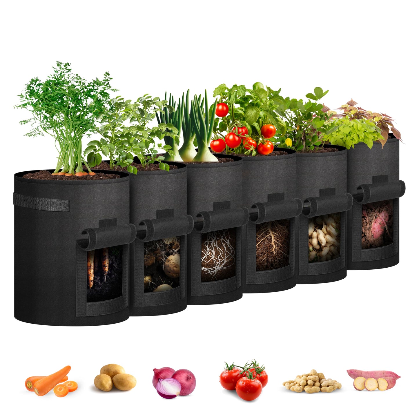 iPower Potato Grow Bags with Flap 10 Gallon 6 Pack, Garden Planting Pot with Durable Handle and Harvest Window, Thickened Nonwoven Fabric Container for Potato, Tomato, Carrot, Vegetable and Fruits