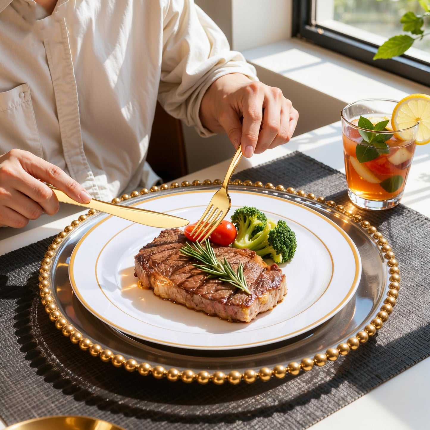 WDF Partyware 350Piece Gold Dinnerware Set for 50 Guests - Gold Plastic Plates with Disposable Cutlery - 50Dinner Plates-50Dessert Plates-50Pre Rolled Napkins with Silverware for Wedding/Mother's Day
