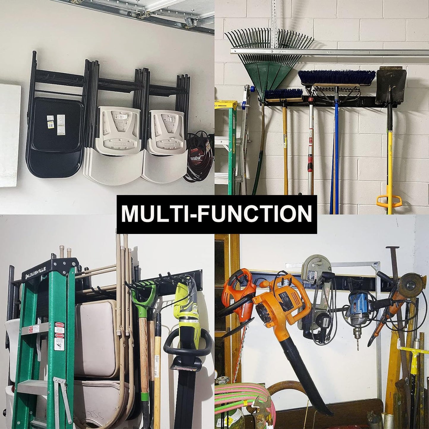 Wallmaster Garage Storage Organization Wall Mount, Garden Tool Rack Organizer Heavy Duty Folding Chair Hangers with 12 Adjustable Hooks 96inch Tracks Max Load 900lb