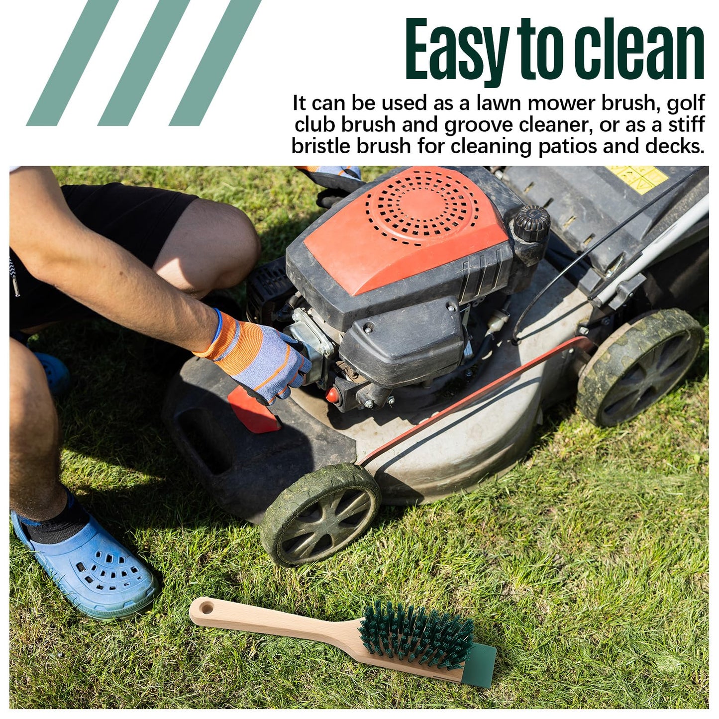 CroBlissful 2 Pcs Heavy Duty Scrubbing Brush Stiff Bristle Brush with Wood Handle and Scraper for Lawn Mower Deck Scraper Cleaning Outdoor Boot Scrub Brushes