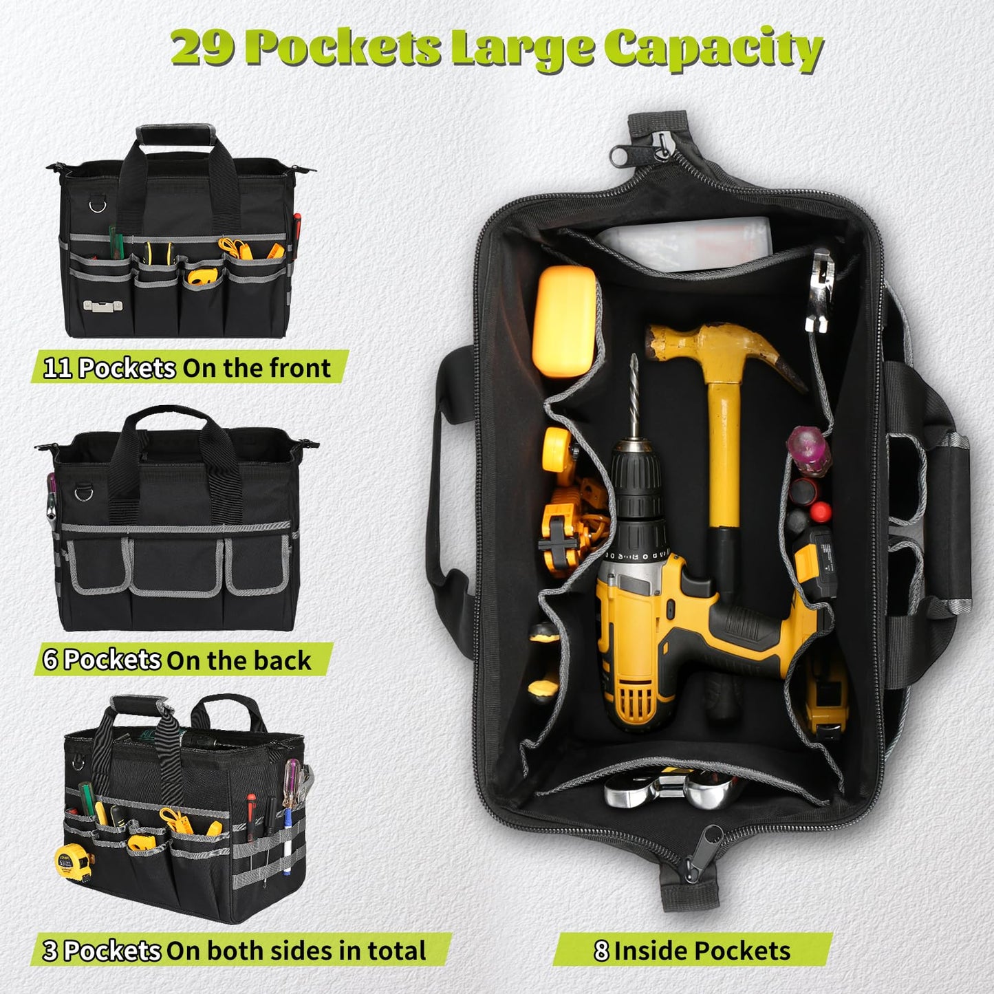 LuxDuo Heavy Duty Tool Bag,16.5 Inch Tool Bags for Men with 29 Pockets Portable Empty Tool Box Organizer,Waterproof Heavy Duty Tool Bag with Soft Handle Large Zipper,Father Day Gifts for Him Dad Men