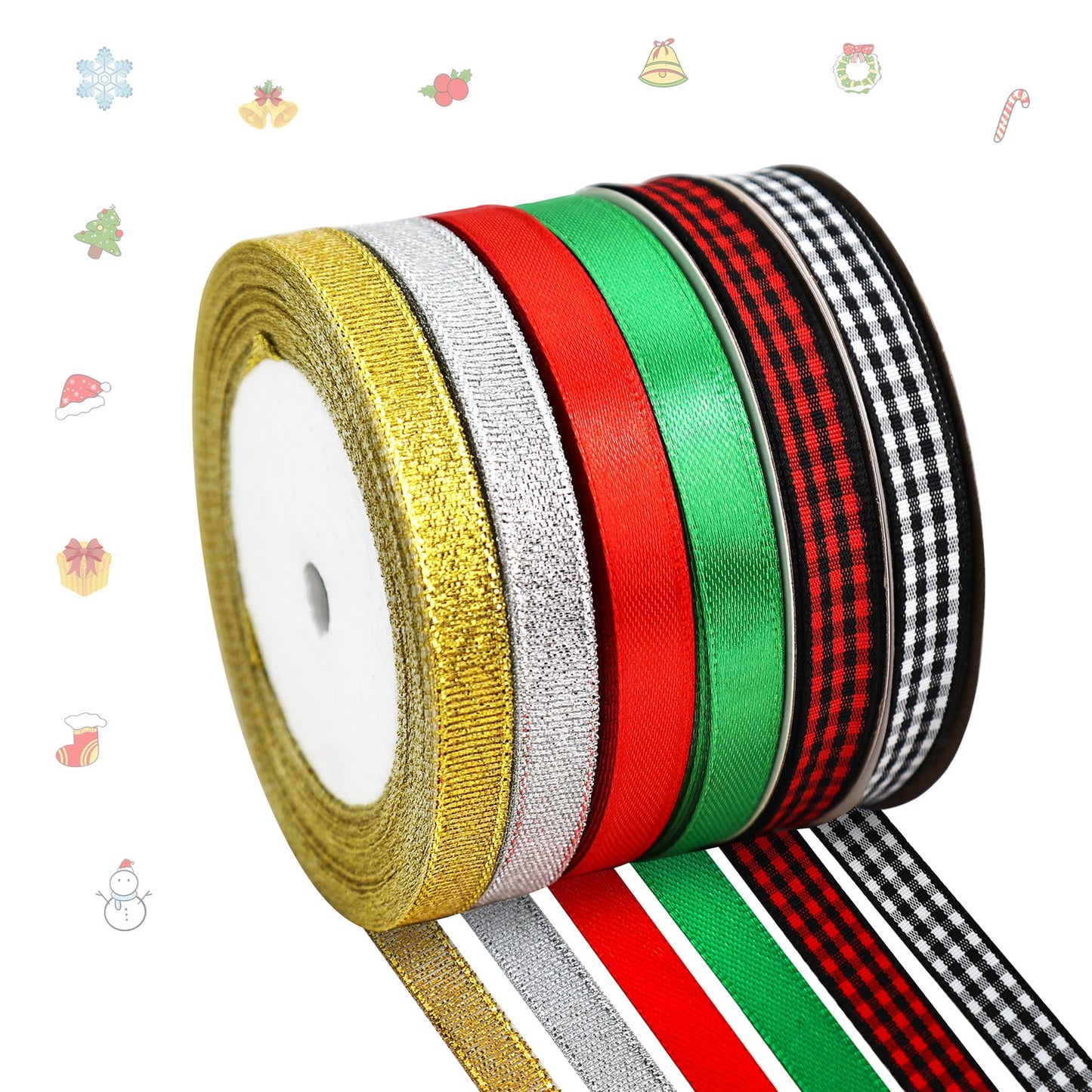 6 Rolls Christmas Wrapping Ribbon 3/8 Inch x 150 Yards Glitter Fabric Holiday Festival Satin Plaid Ribbons for Wrapping Decoration Floral Bows Craft(Christmas)