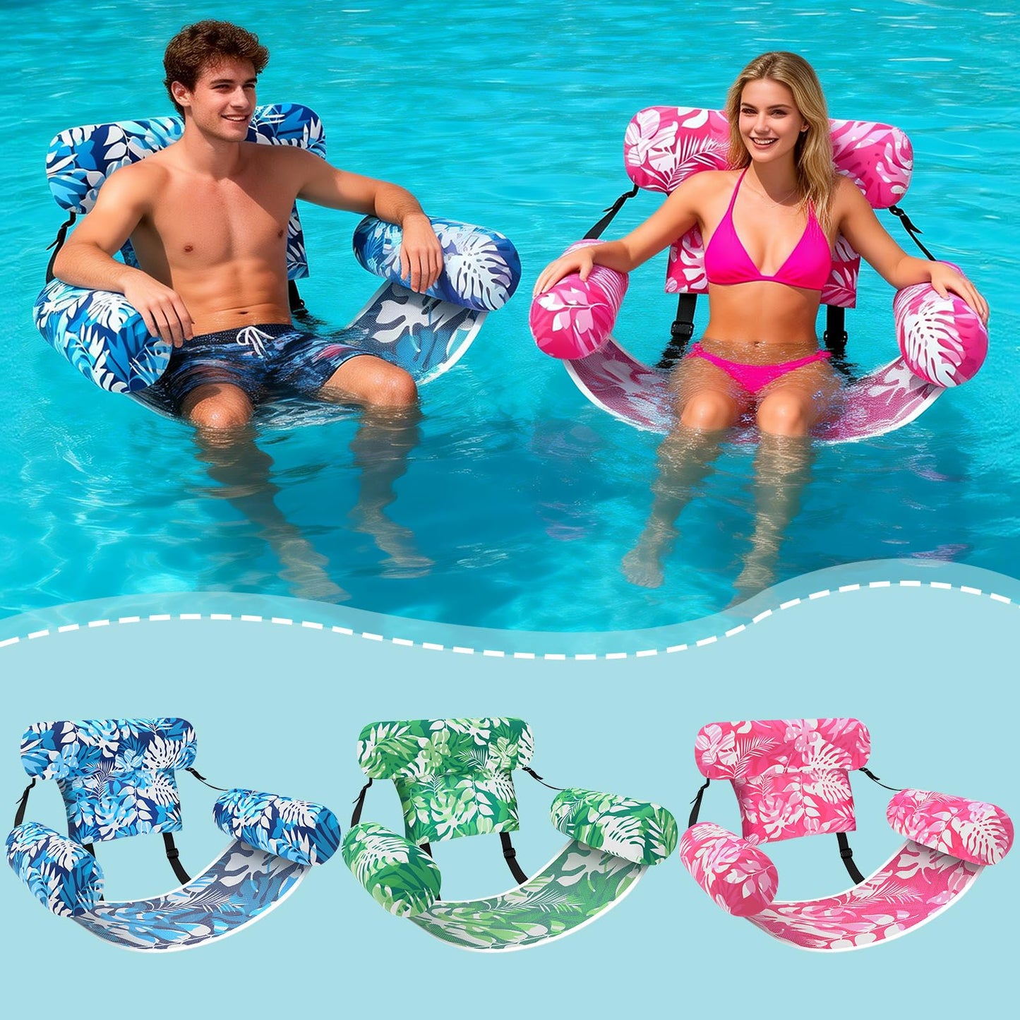 Nyrveua 3 Pack Pool Floats Adult, Adjustable Heavy Duty Inflatable Pool Floats Chair, Portable Pool Float Lounger for Adults & Kids, Pool Floaties Noodles for Summer Pool Beach Lake Party Relaxing Fun