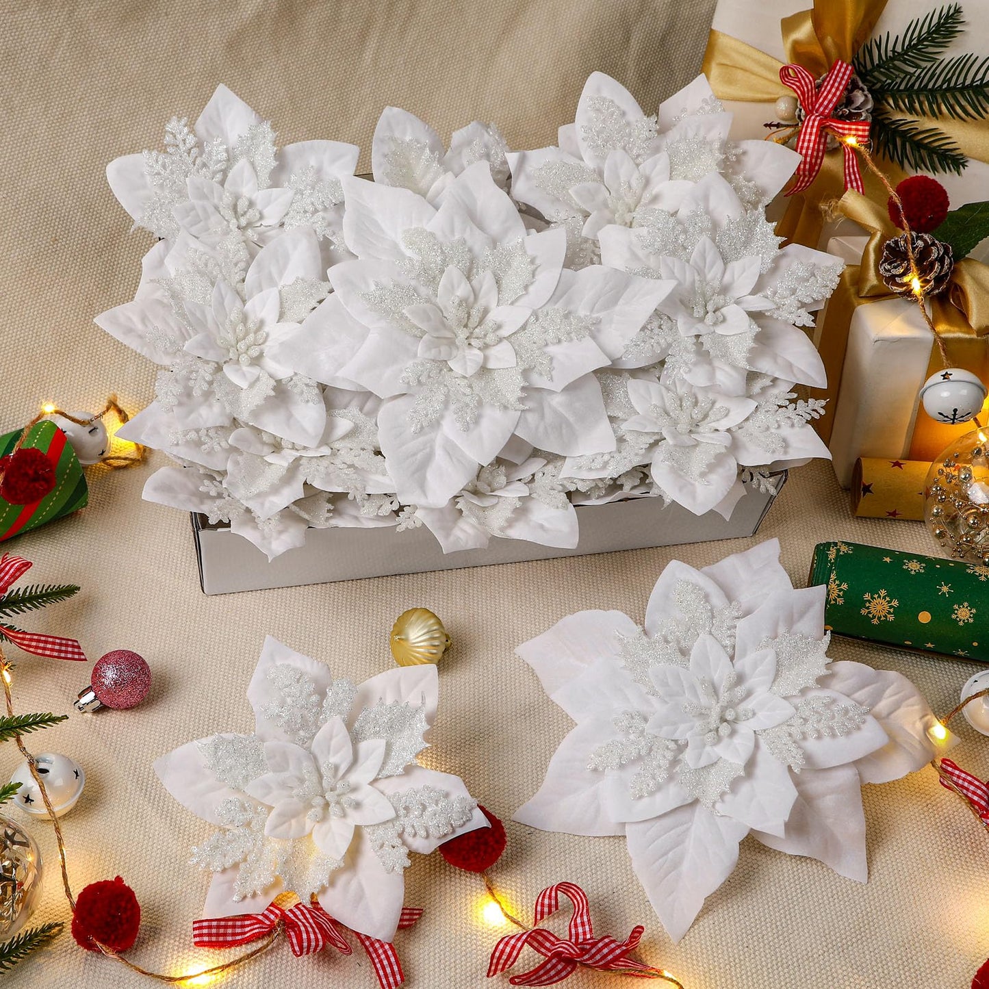 Alupssuc 24PCS 6"& 9" White Artificial Poinsettia Christmas Flowers, Faux Glitter Ornaments for Xmas Tree Wreath Garlands New Year Home Decor, White