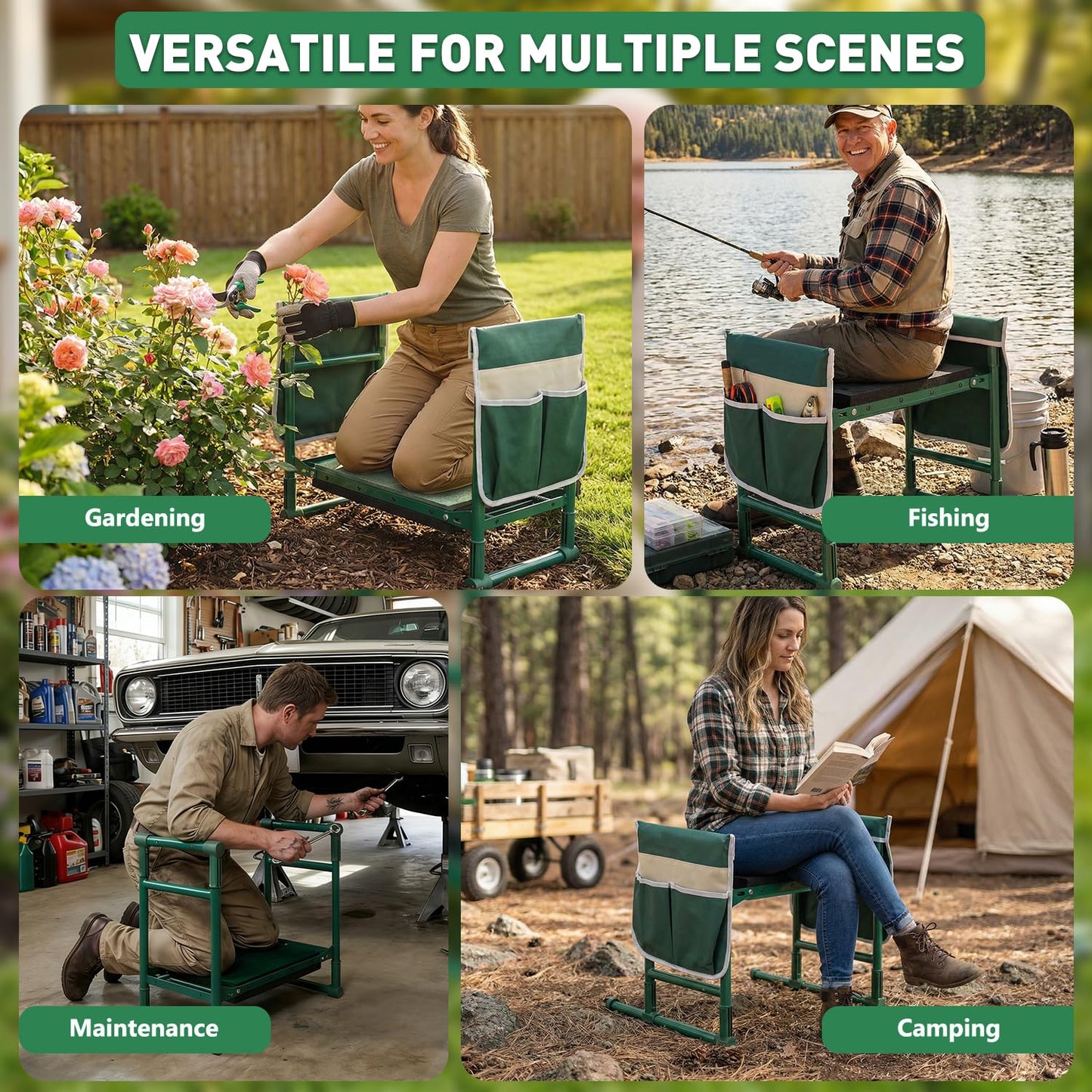 Garden Kneeler and Seat for Seniors – Heavy Duty Anti-Tip Gardening Stool with Widened Thick Soft Kneeling Pad, Foldable Garden Bench with Sturdy Handles, Gardening Gifts for Women Men Mom (Green)