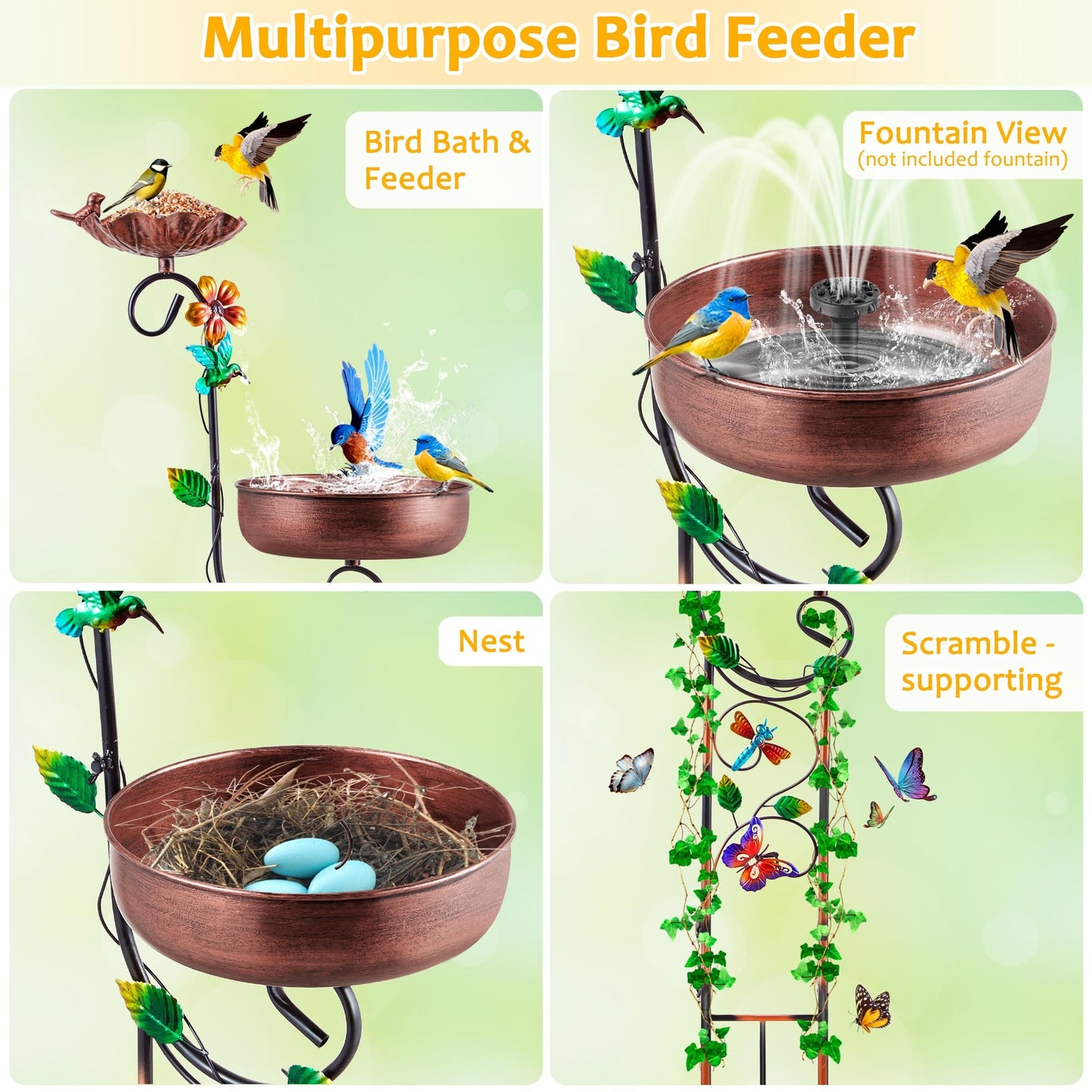 YOFOVI 2 In 1 Bird Bath for Outside, Freestanding Large Bird Feeder Birdbaths for Outdoors, Garden Metal Bird Baths Bowl for Patio Yard, Copper