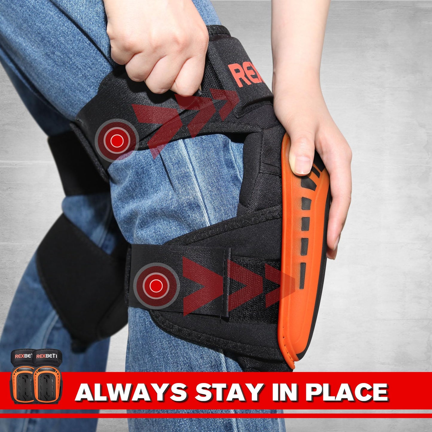 REXBETI Knee Pads for Work, Construction Knee Pads for Men, Heavy Duty Comfortable Anti-slip Foam Gel Knee Pads for Gardening Flooring and Cleaning, Strong Stretchable Straps, Orange
