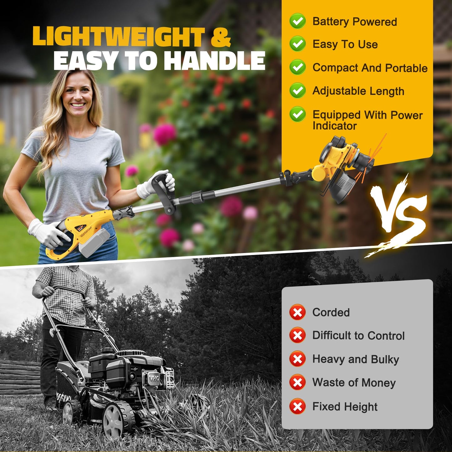 Cordless String Trimmer Compatible with Dewalt 20V (Tool Only), MtiolHig 3 IN 1 Weed Eater with Brushless Motor & Battery Level Display, Electric Weed Wacker/Edger Trimmer for Yard, w/ 18 Line, Yellow