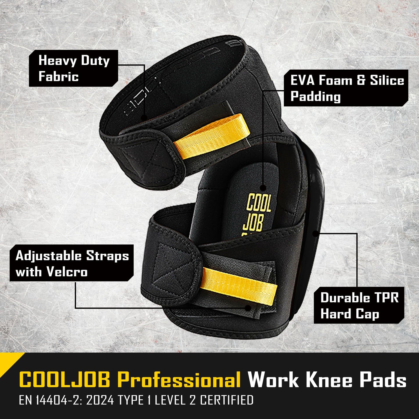 COOLJOB Professional Knee Pads with Heavy Duty Anti-Slip Cap, Comfortable Foam Cushion and Extra Thick Gel Padding for Construction Flooring, Reinforced & Adjustable Straps, Black
