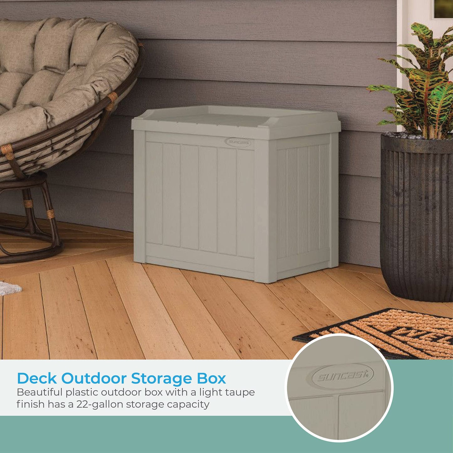 Suncast Outdoor Storage Box - 22 Gallon Light Taupe Resin Outdoor Deck Box with Seat, Weatherproof Patio Storage Bin Container for Keeping Cushions, Tools & Towels for Pool, Yard, & Garden