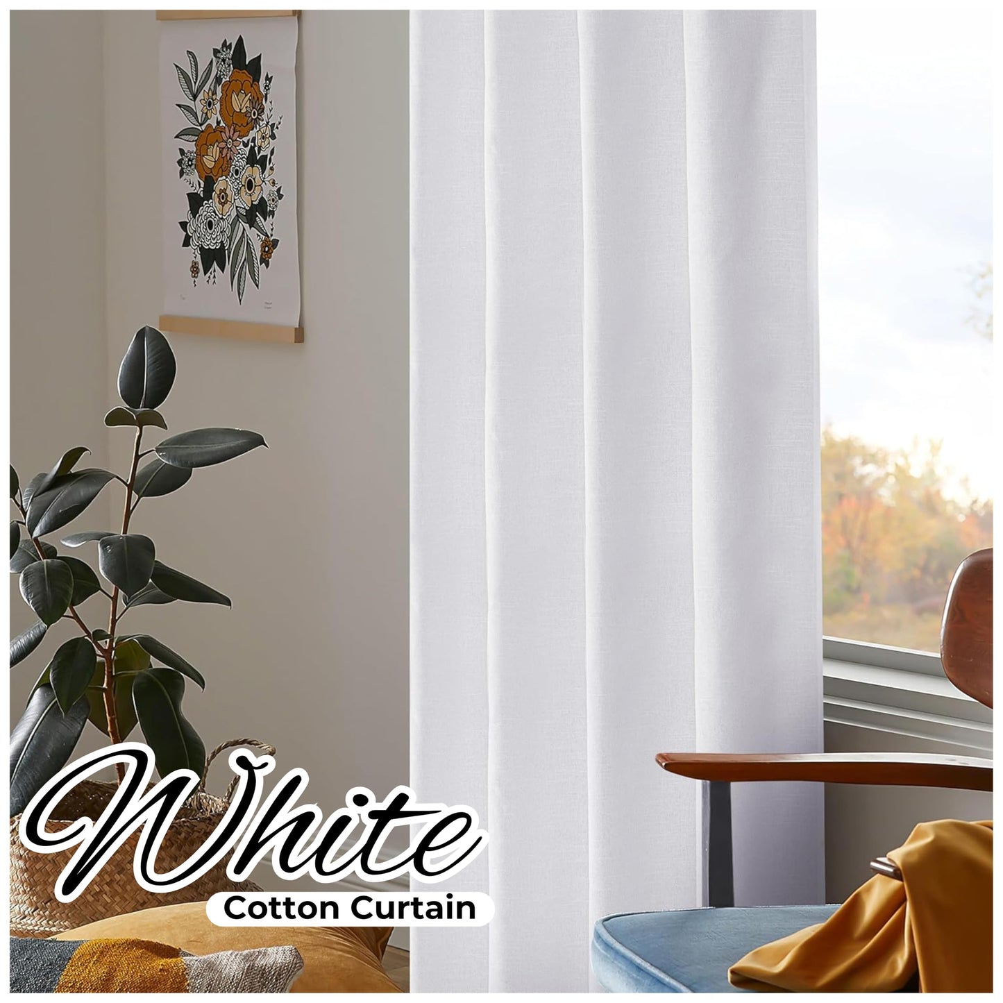 HOMIDATE White Cotton Curtains Set of 2-50x63 Inch Long Cotton Drapes, Textured Window Curtains for Bedroom, Living Room, Kitchen - Soft & Lightweight White Curtain Panels