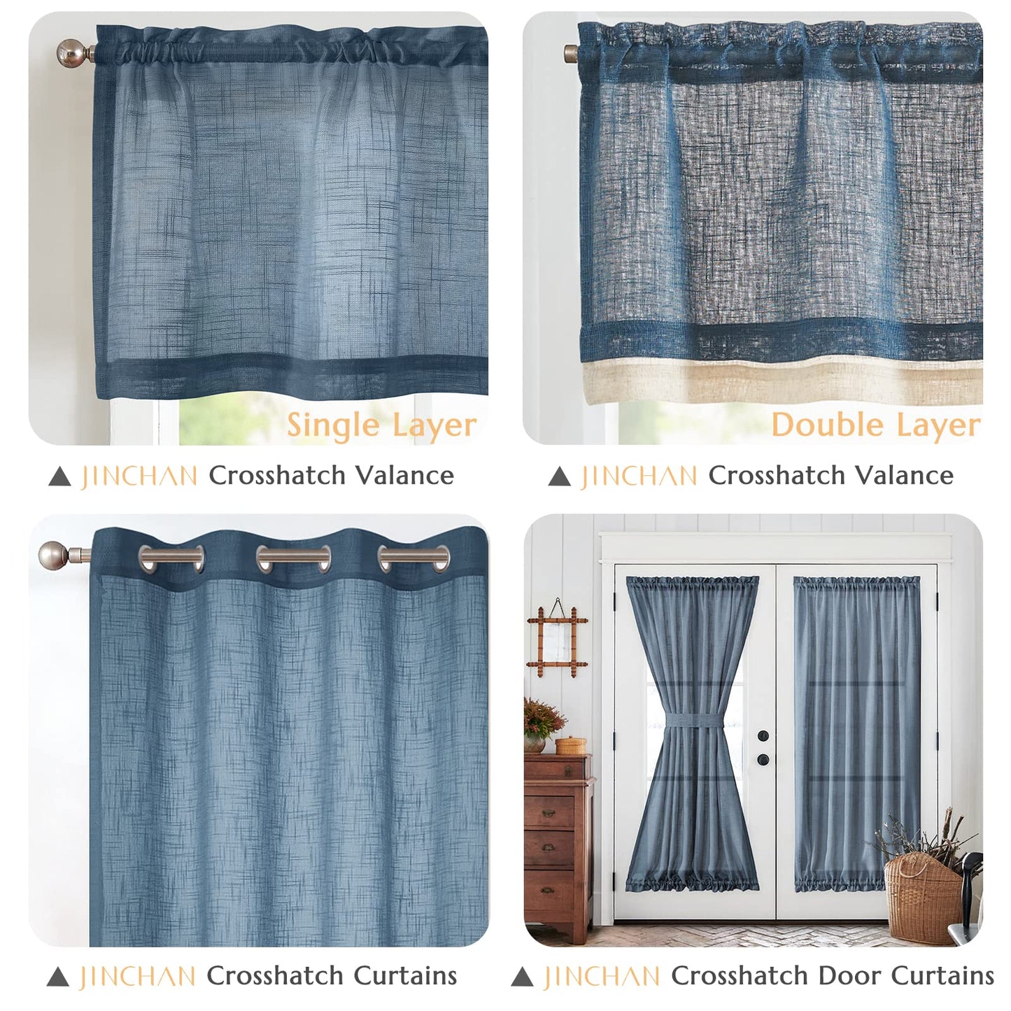 jinchan Linen Valance for Farmhouse Living Room Windows 16 Inch Slubbed Crossed Double Layer Window Valance Light Filtering Rustic Country Overlay Rod Pocket 1 Panel Navy Blue