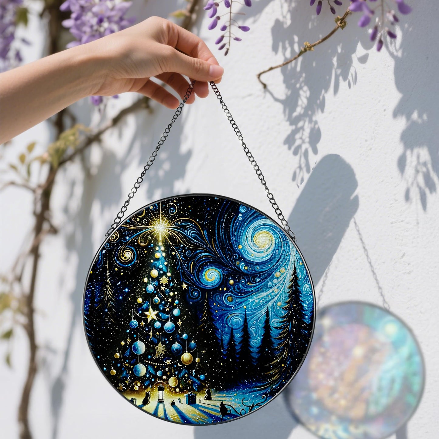 DOUHASU 8″ Starry Night Christmas Tree Stained Glass Suncatcher Ornament, Stained Glass Window Hanging — Holiday Window Ornament | Gift for Christmas, Holiday Present Idea, Gift Exchange, Gifts Idea