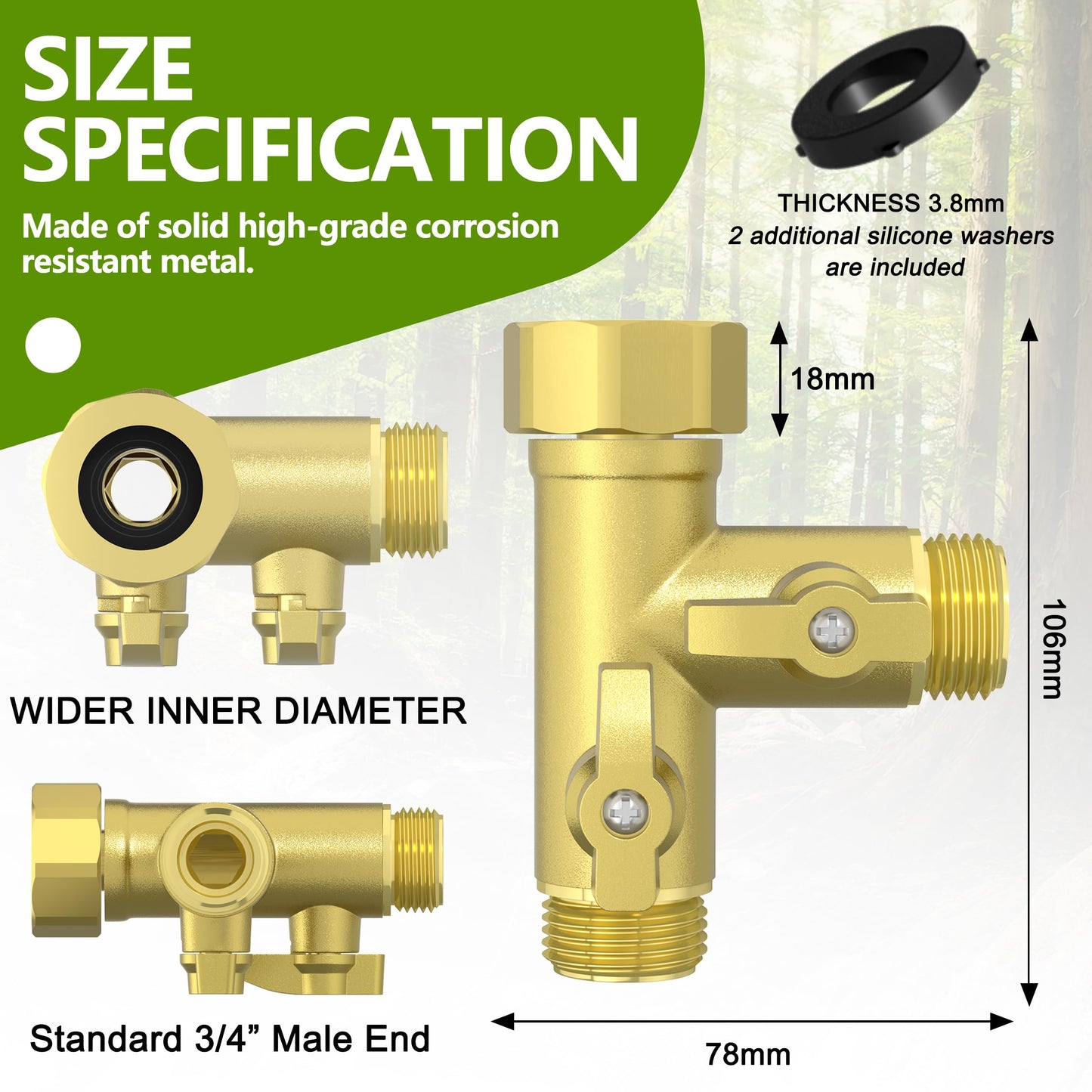 SANTONG High Flow Solid Metal 2 Way ├ Type Garden Hose Splitter with Shut-Off Valves, 360 Degree Rotation 3/4" Spigot Faucet Connectors with 2 Extra Silicone Washers