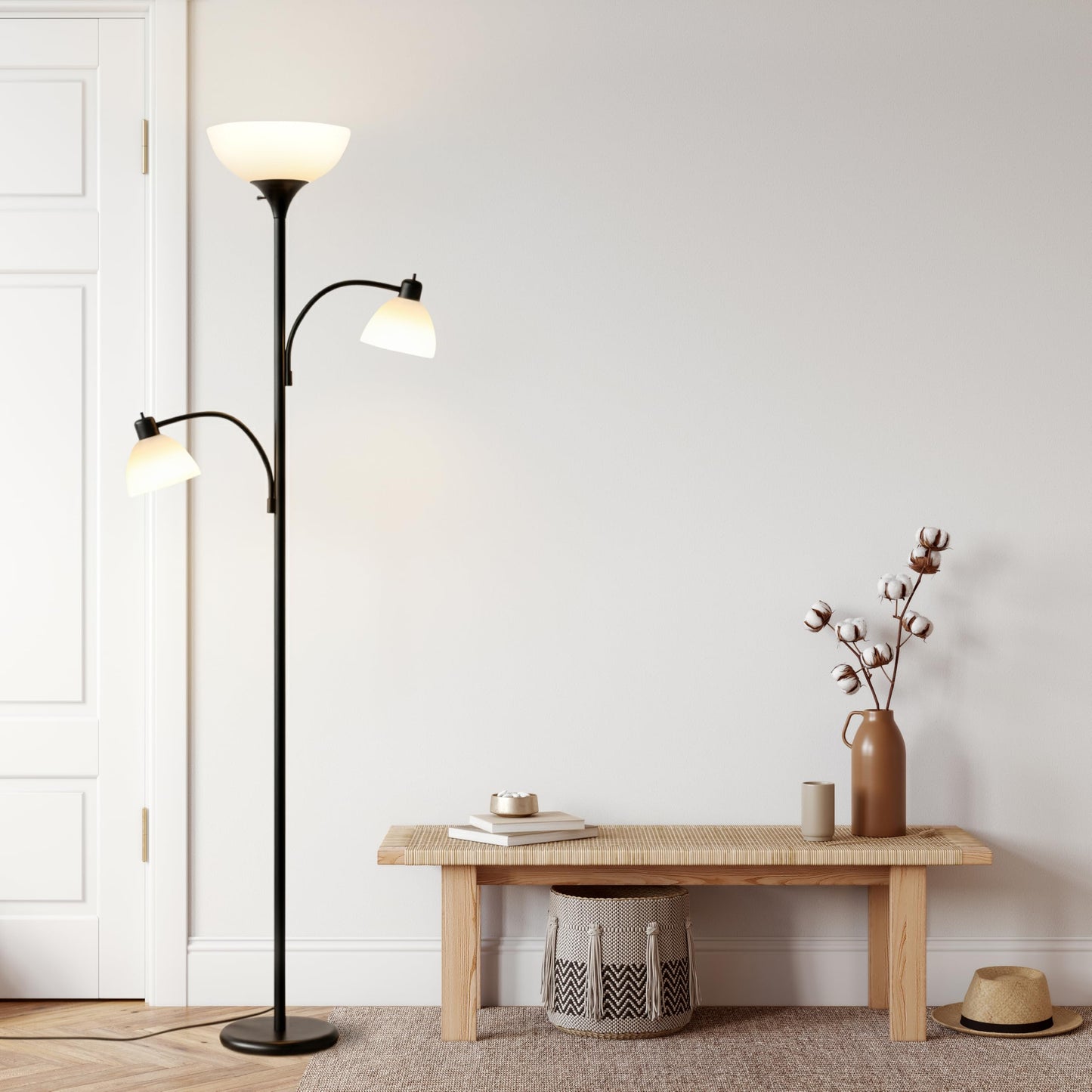 Brightech Sky Dome Double LED Floor Lamp, Torchiere Super Bright Floor Lamp with 2 Reading Lamps for Living Rooms & Offices - Dimmable Tall Standing Lamp for Bedroom Reading - Tall Black Pole