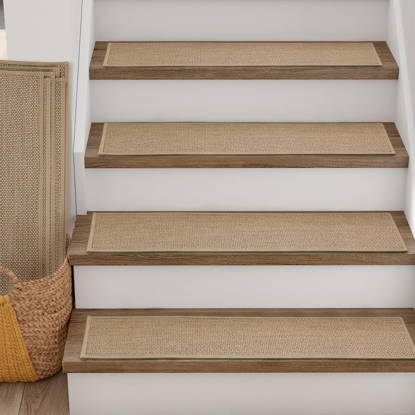 RIOLAND Linen Carpet Stair Treads for Wooden Steps Indoor 9" x 36" Non Slip Stair Runner for Wood Stair Peel and Stick Stair Rugs for Kids Elders and Dogs, 15 Pack