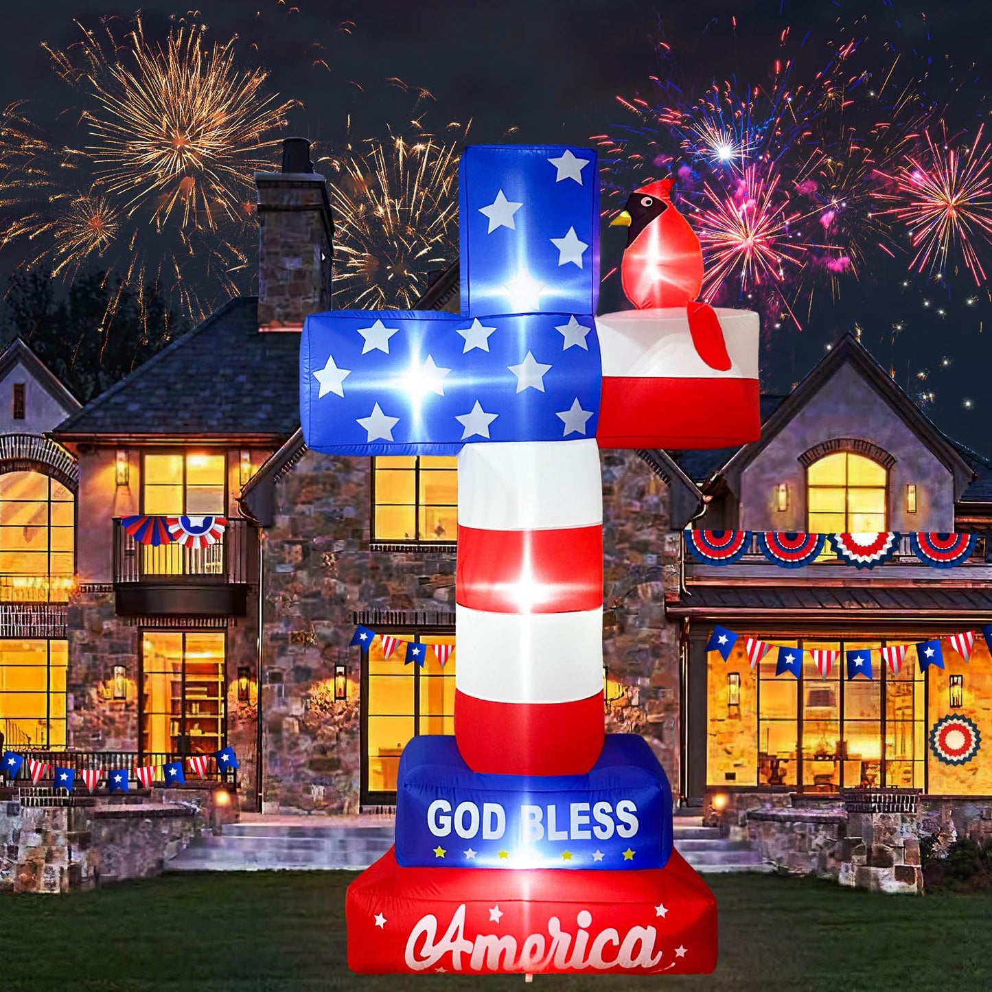 OurWarm 8FT 4th of July Inflatables, Memorial Day Inflatables Outdoor Decorations Blow Up Cross with Cardinal American Flag Built-in LEDs & Blower, Patriotic Inflatable for Lawn Independence Day Decor