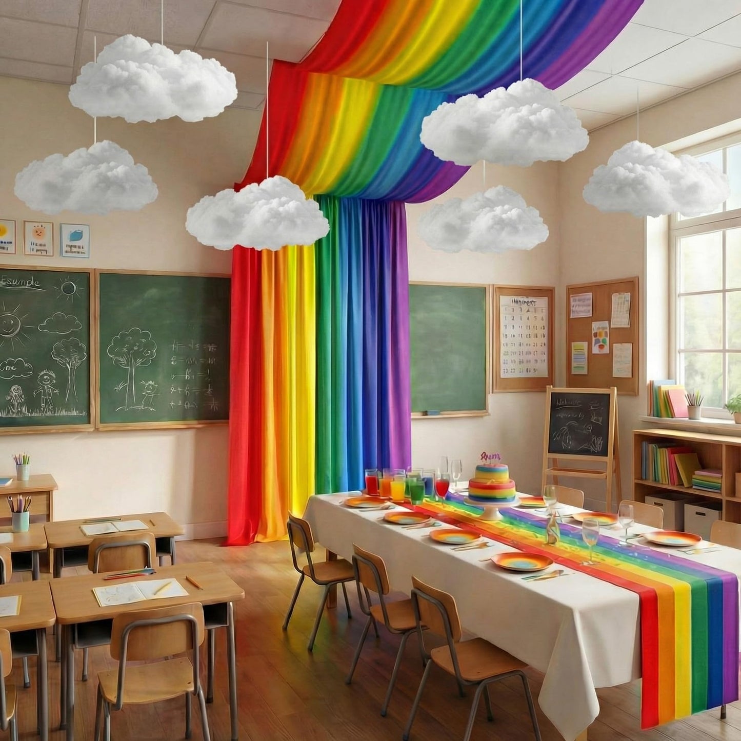 Teyva Daily 7 Pcs Rainbow Party Ceiling Decorations Kit 13.12 x 4 ft 3D Rainbow Ceiling Hanging Bunting Banner Decorations with 6 Pcs Clouds Hanging Decor for Classroom Birthday Nursery Daycare Decor