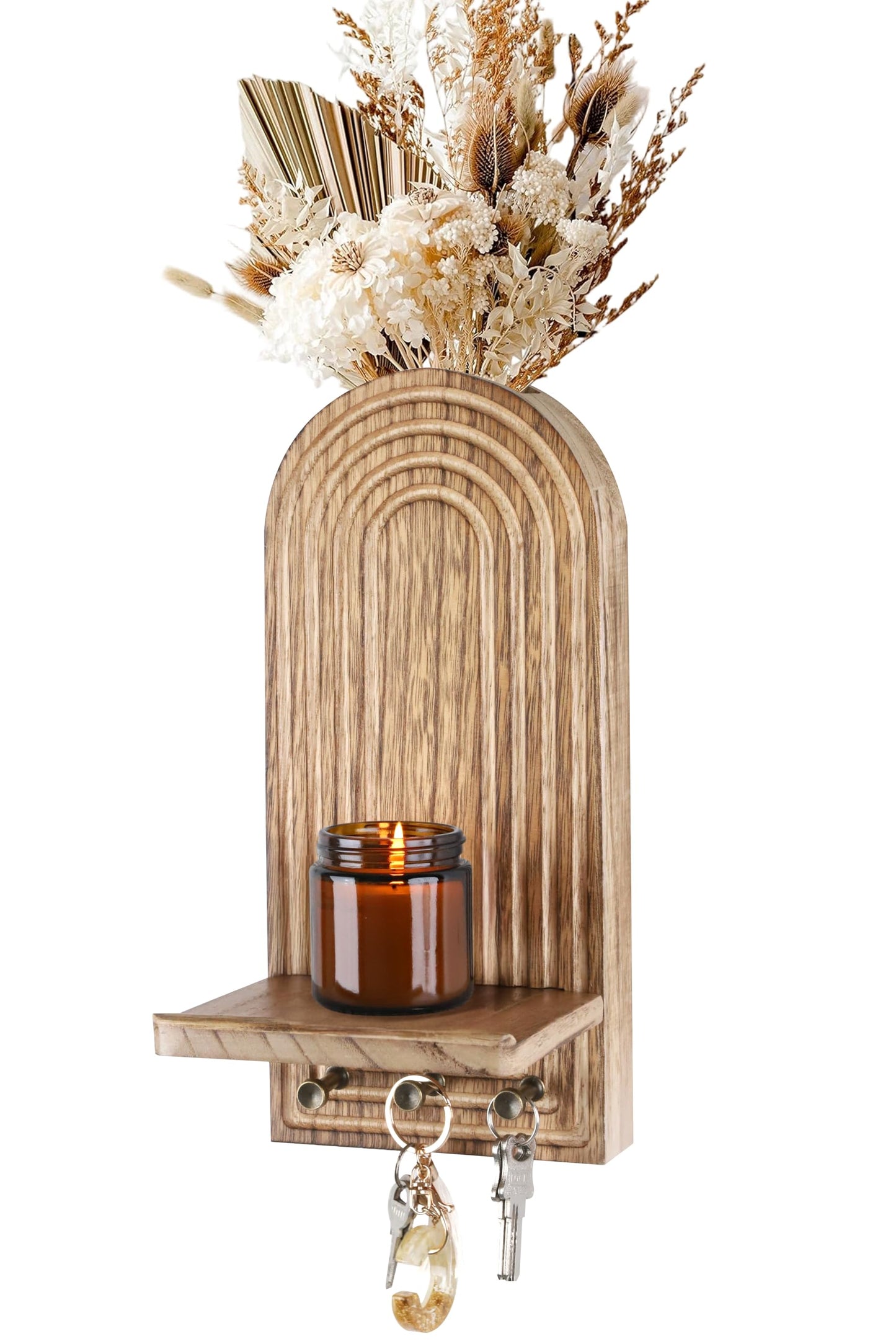 3-in-1 Wooden Wall Organizer - Planter Vase + Candle Sconces + Hooks (No Dried Flower)- Farmhouse Hanging Decor Boho Wall Art for Indoor Plants Artificial Eucalyptus for Living Room Bedroom Nature