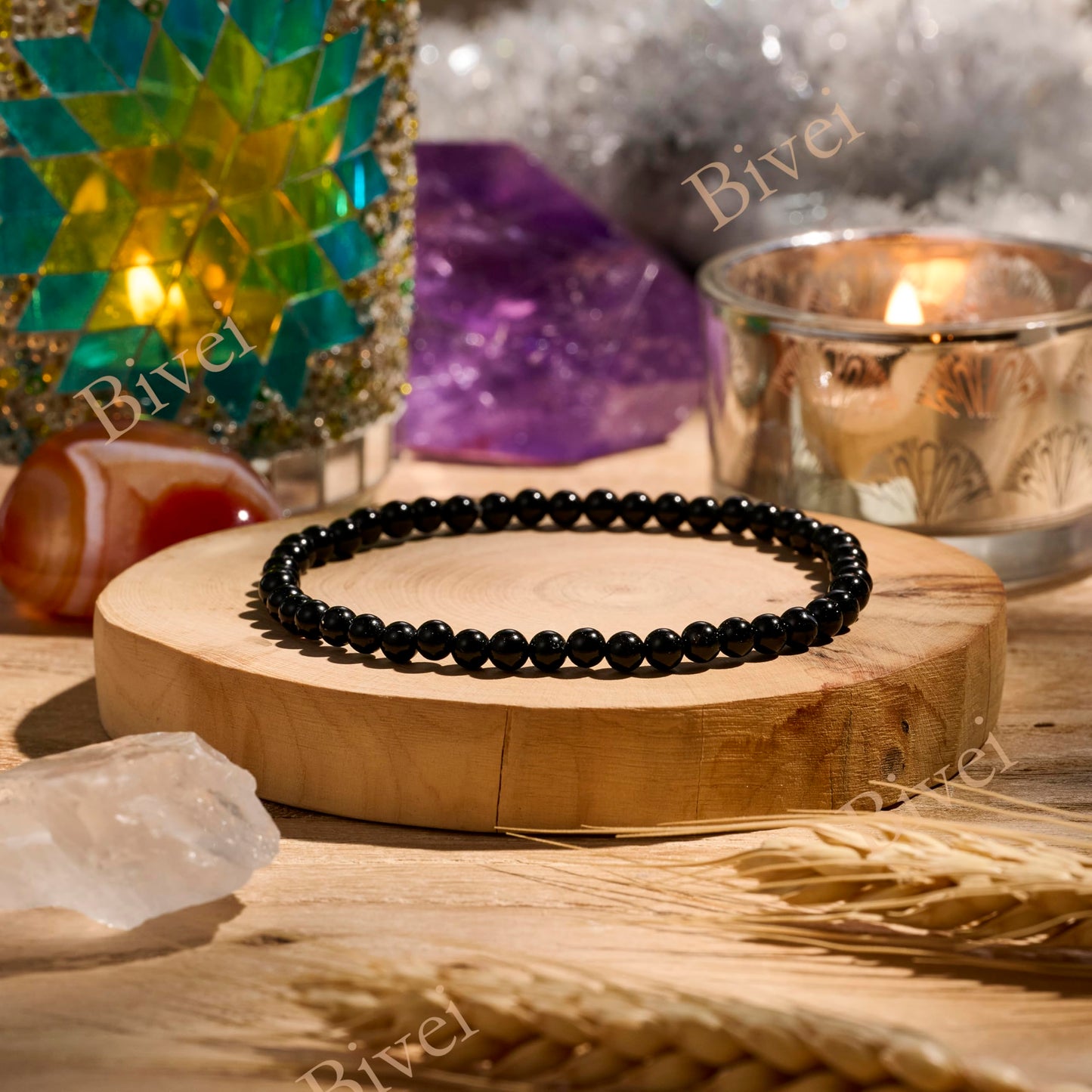 Bivei Black Tourmaline - Protective - 4mm Beaded Bracelets for Women Handmade Semi Precious Natural Stone Stretch Elastic Jewelry Yoga Protection Gifts