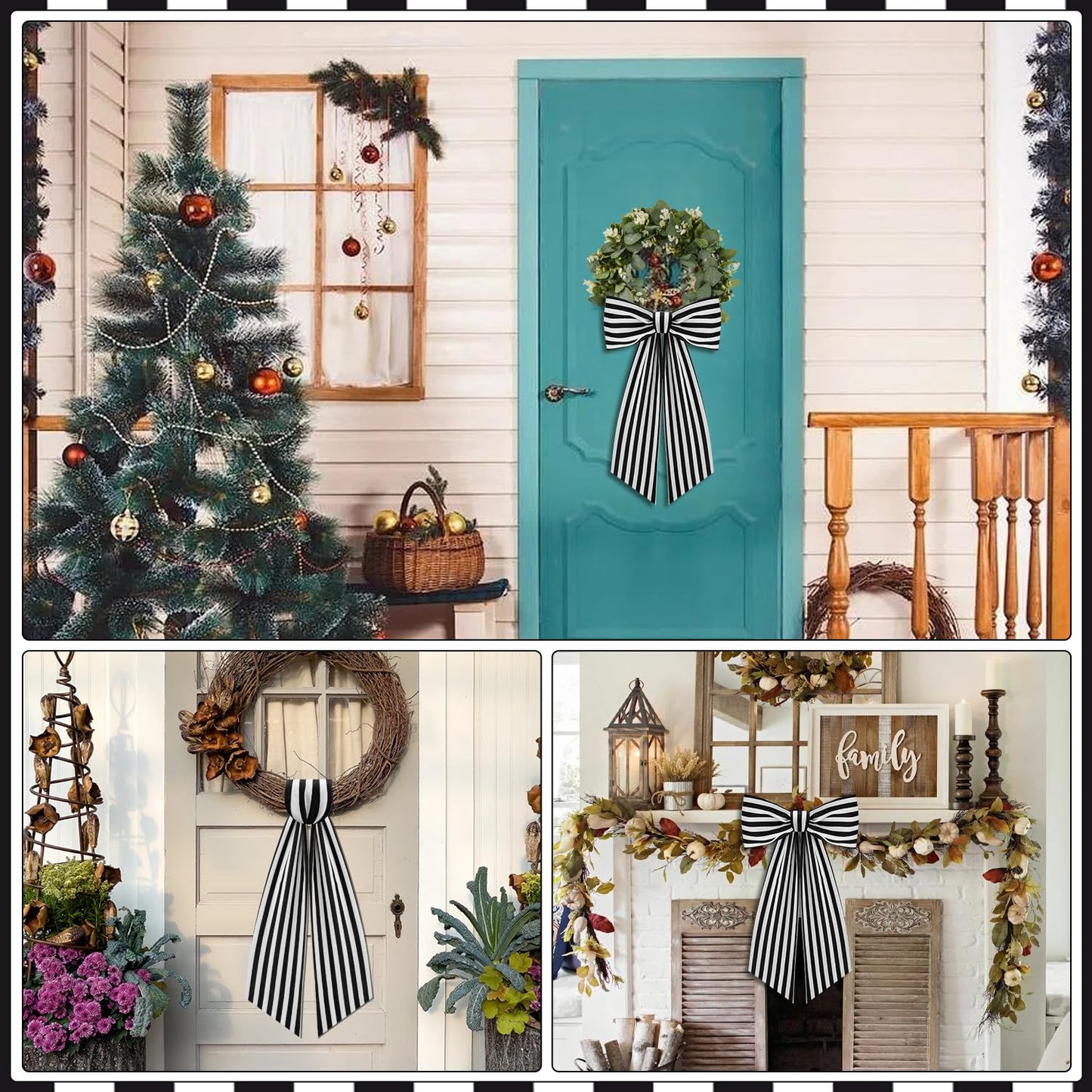 2 Pack Boxwood Wreath Sash Garland for Front Door Porch Decor (Black and White Stripe)