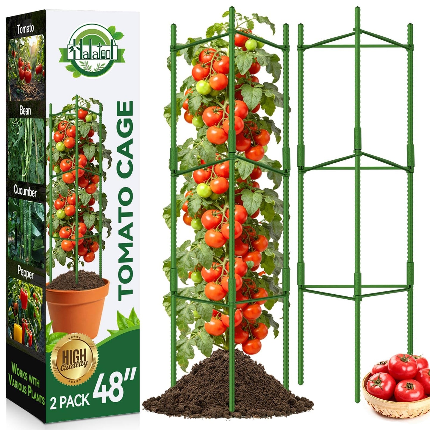 Halatool 2 Pack Tomato Cages for Garden, Up to 48in Adjustable Tomato Cage, Garden Stakes Tomatoe Trellis for Pots, Tomatoes Plant Support for Raised Garden Bed & Climbing Vegetables Flowers