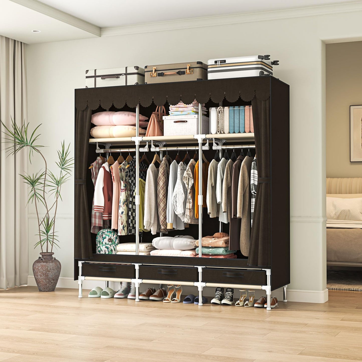 LEAIJIAFY Portable Amories Closet Wardrobe with Non Woven Fabric Cover,59 Inch Large Metal Clothes Rack Storage Closet with 3 Hanging Rods,3 Drawers and 3 Storage Shelves,Brown,for Small Room
