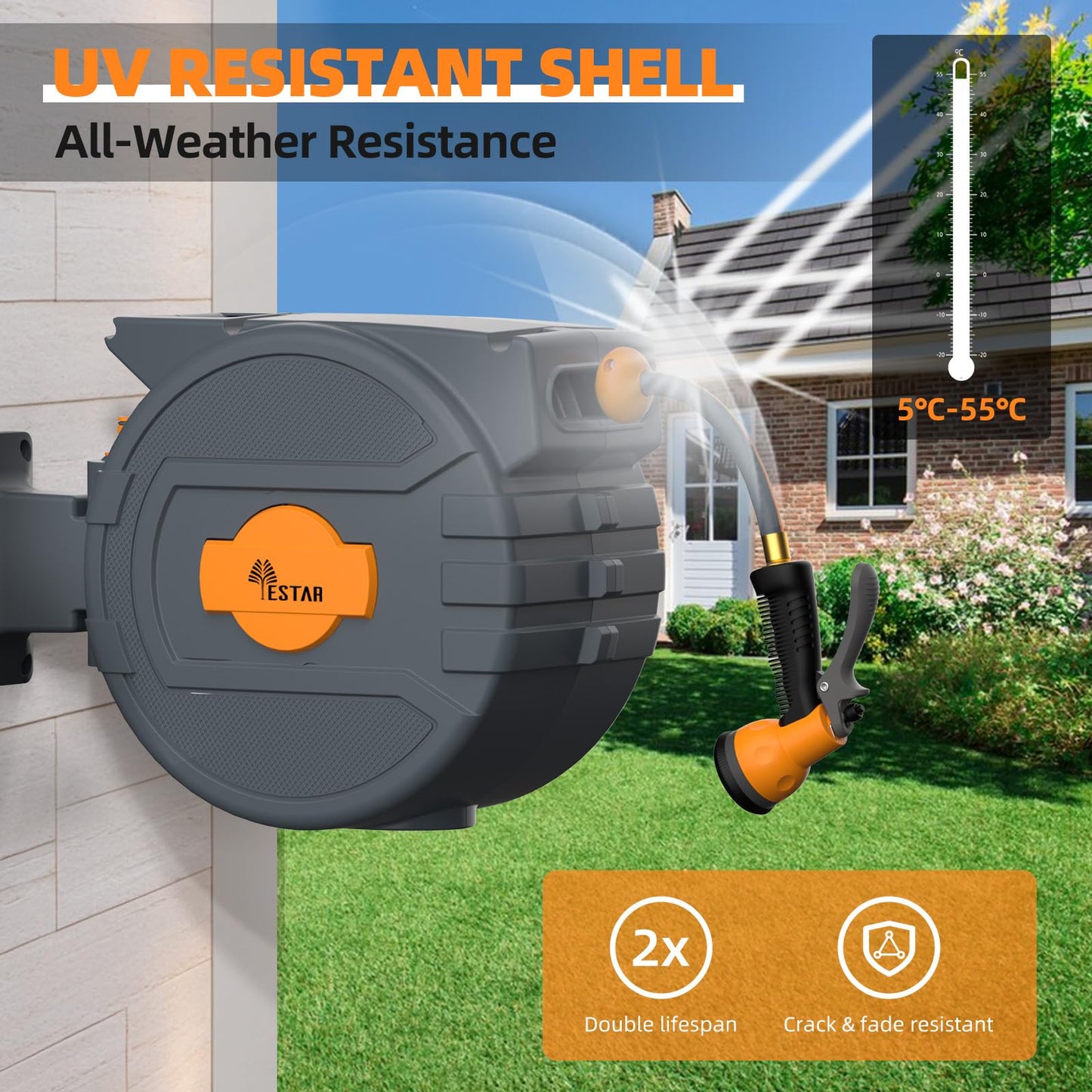 Retractable Garden Hose Reel 1/2 in x82 ft, Garden Water Hose Reel with 7- Function Sprayer Nozzle, Any Length Lock/Automatic Slow Return System,180° Swivel Bracket