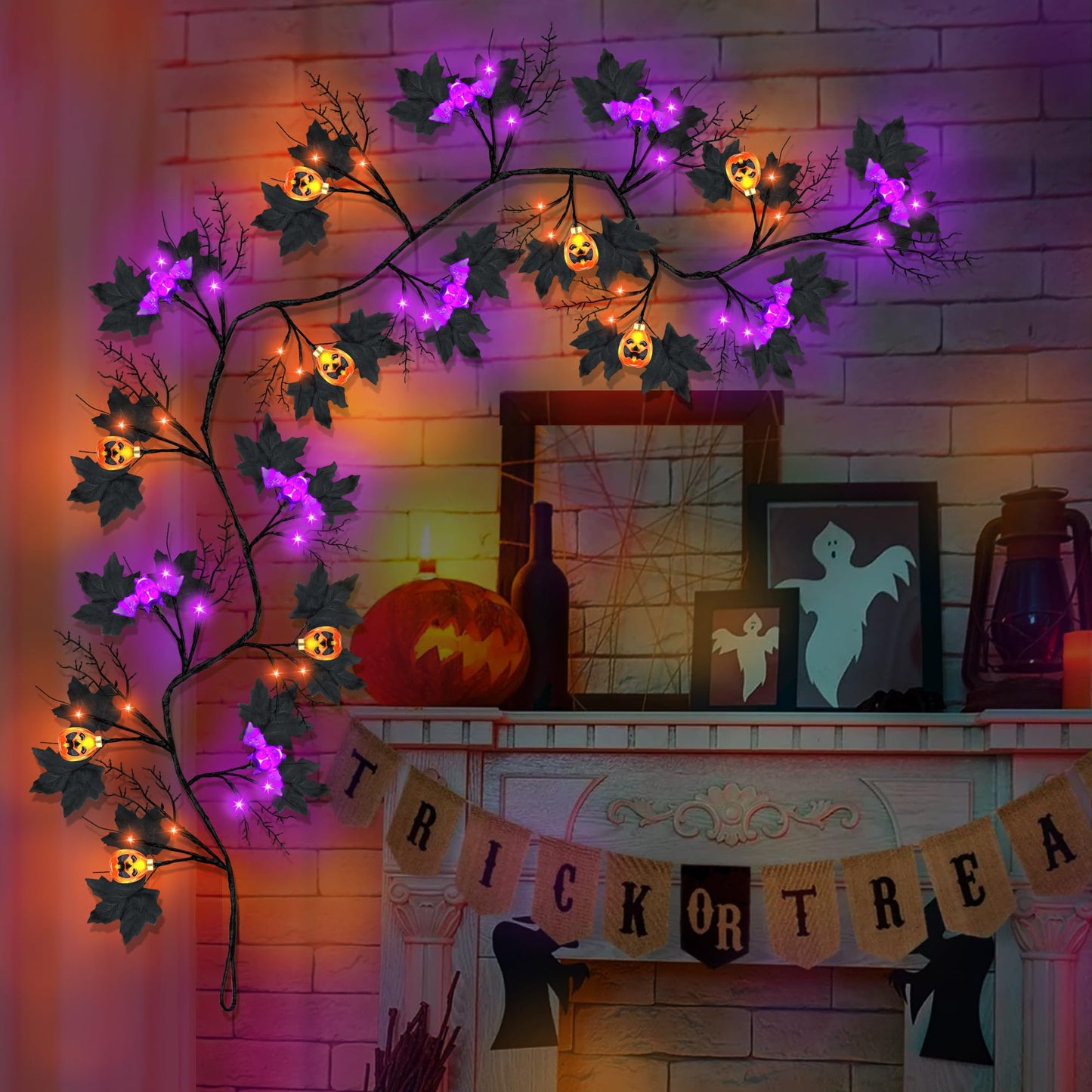 6FT 54 LED Willow Vine Twig Decor Black Halloween Garland with Pumpkin Bat Orange & Purple Light, 8 Modes Waterproof Battery Operated Indoor Halloween Decorations