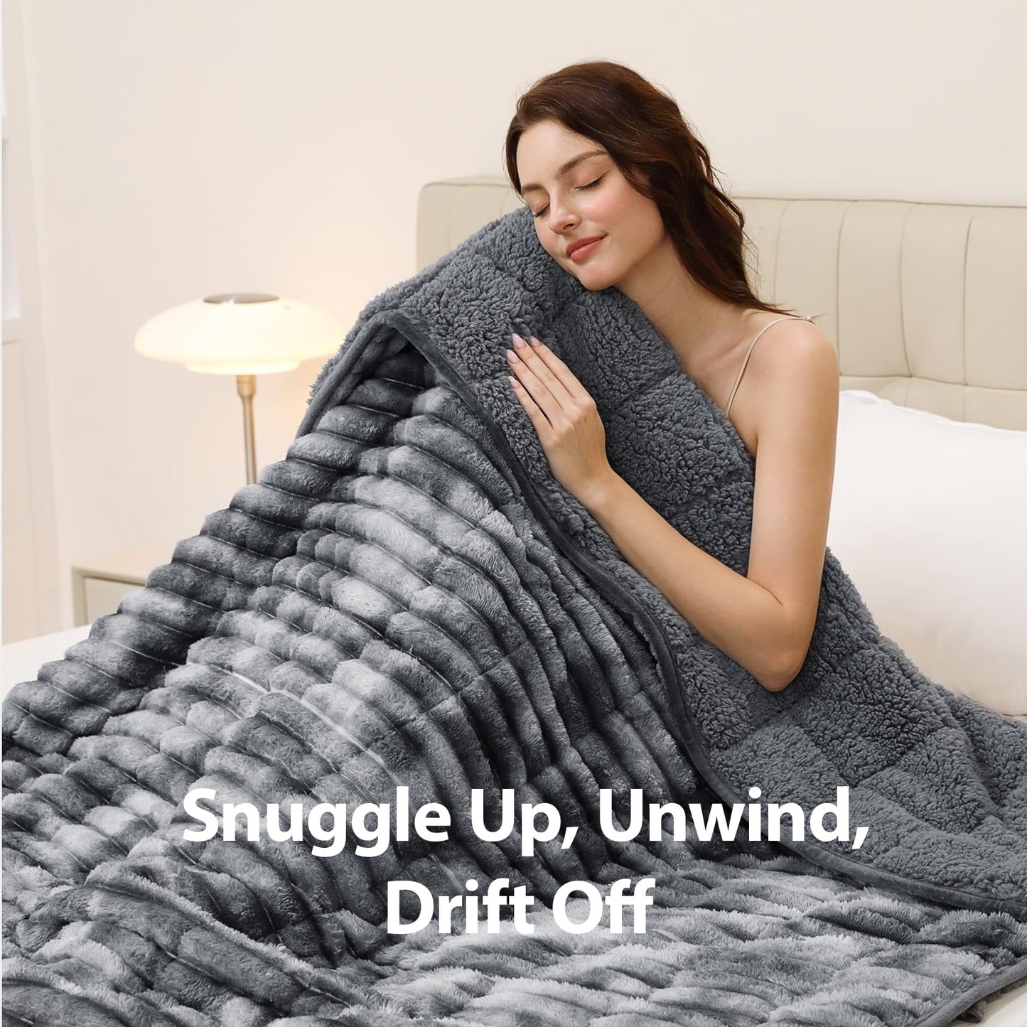 UINIU Sherpa Fleece Weighted Blanket with 3D Ribbed Stripes, 15 lbs Soft Flannel Heavy Throw Blanket for Couch Bed Sofa, Heavy Thick Blankets with Glass Beads, Great for Sleep, 48" x 72"