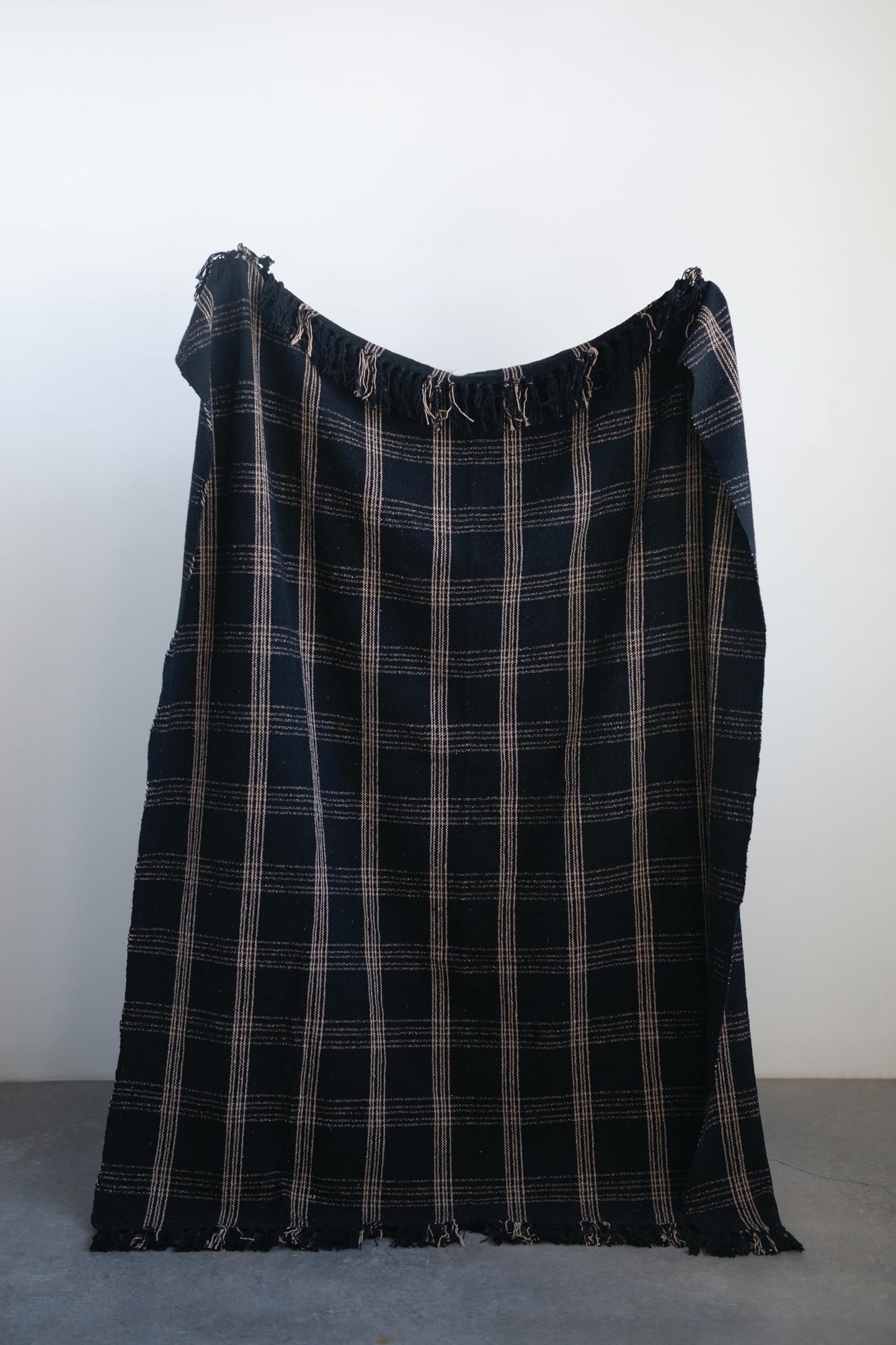Plaid Black & Tan Fringed Woven Cotton Blend Throw