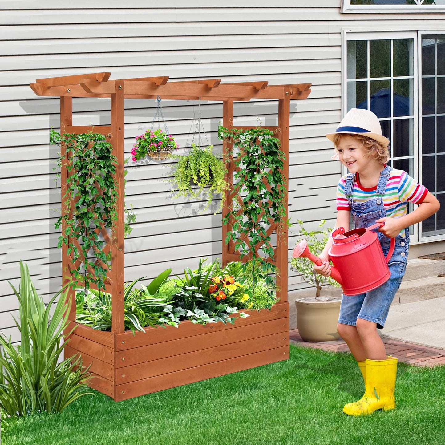 VINGLI 45 in Raised Garden Bed with Trellis & Hanging Roof, Wooden Elevated Planter Box with Drainage Holes for Outdoor Climbing Plants Vegetables Flowers, Patio Yard Balcony