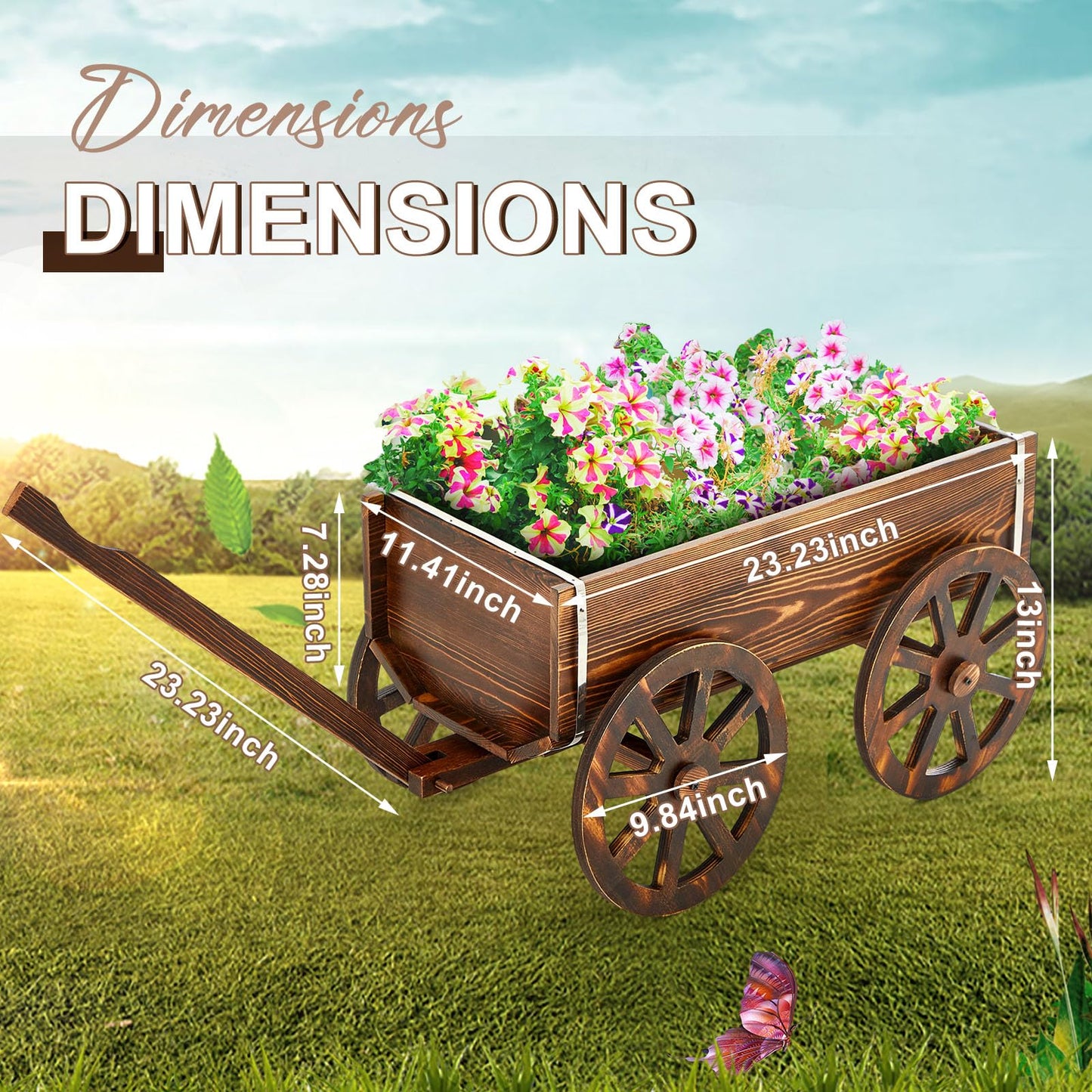 Beeveer Wooden Wagon Flower Planter Cart Garden Planter Box with Wagon Wheels Cart for Home Garden Outdoor Balcony Decorative, Patio Flowers Herbs Vegetables, Brown 34 x 23.5(Small Classic)