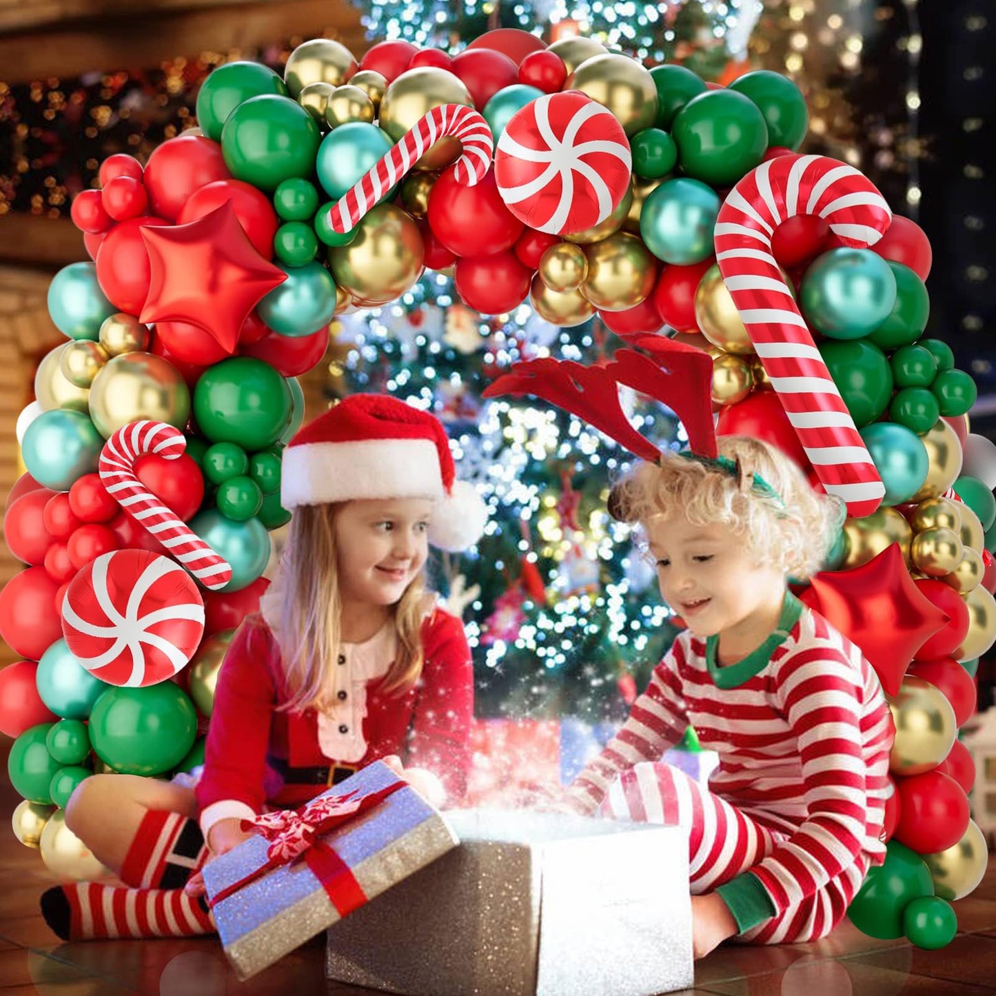 Christmas Balloon Arch Kit, 150Pcs Red Green Gold Balloon Garland with Candy Cane Balloons Red Star Balloons for Christmas Party Decorations, Xmas Decorations for Indoors