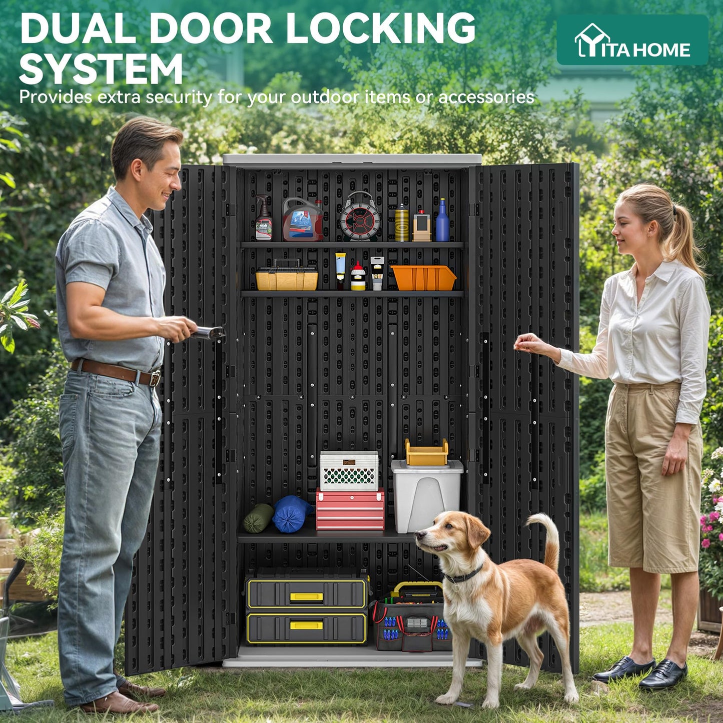 YITAHOME Outdoor Tall Storage Cabinet with 4 Shelves, Waterproof Resin Vertical Tool Shed, Lockable 30 cu. ft. Storage Shed for Patio, Garden, Yard, Dark Gray