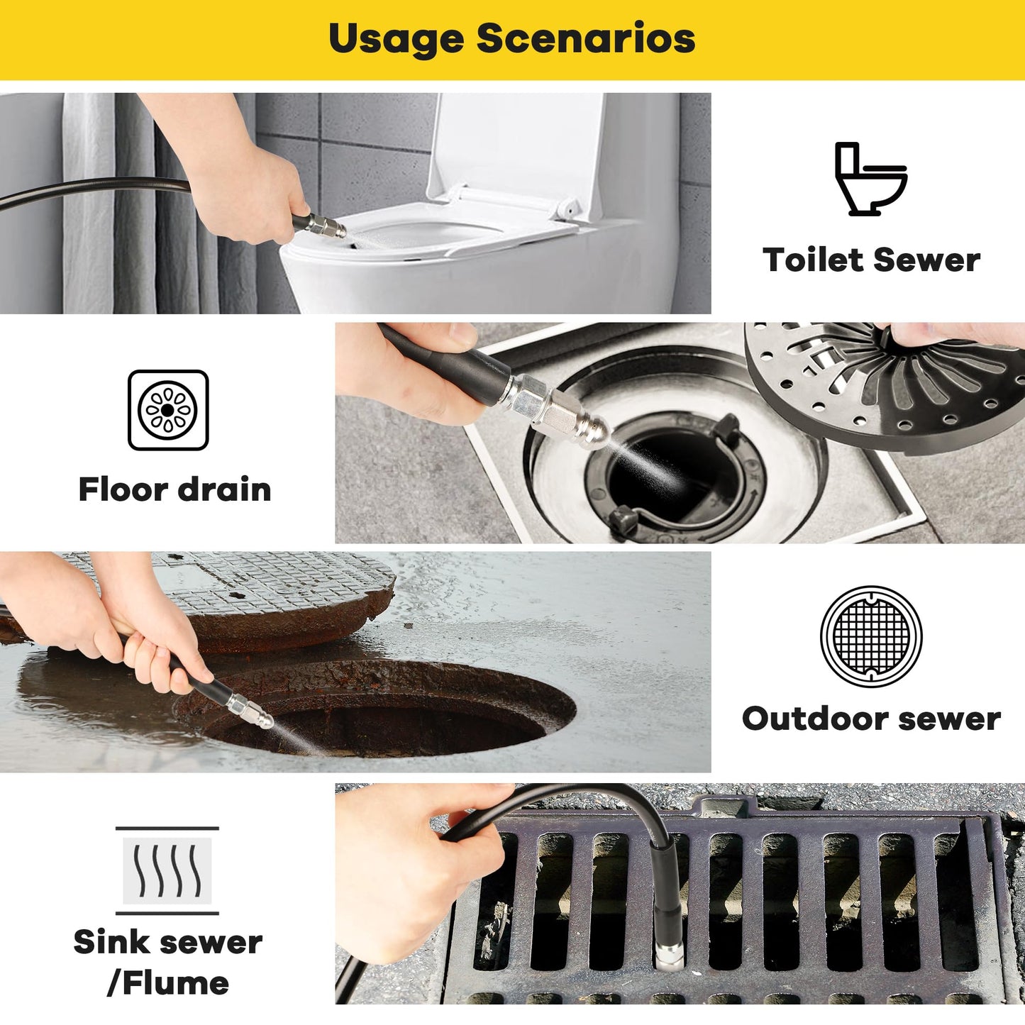 Pressure Washer Drain Jetter – Sewer Jetter Kit for Pressure Washer 50ft 1/4 Inch NPT Hose Nozzles and Adapter 5800PSI Clears Clogs in Pipes & Sewer Lines