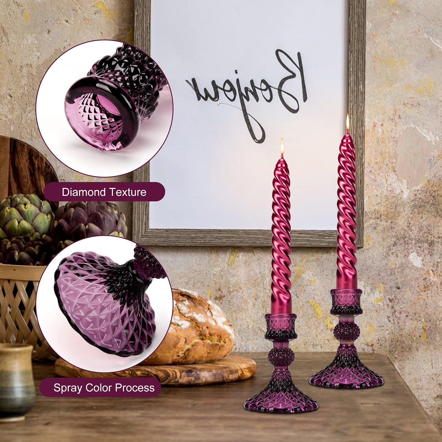 Glass Candle Holder, 2PCS Decorative Candle Sticks Pillar Candle Stand for Formal Events Wedding Party Table Centerpieces Home Decoration, Dark Purple